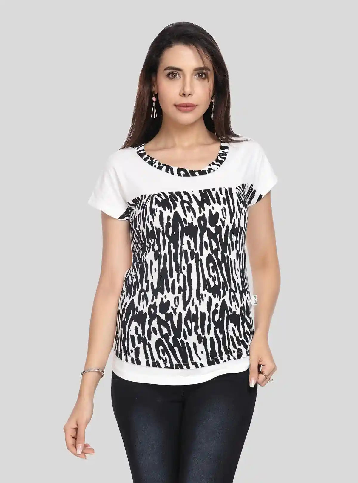Women’s White & Black Printed Cotton Elastane Short Sleeve Top | Boer & Fitch | Buy Online at  Boer and Fitch