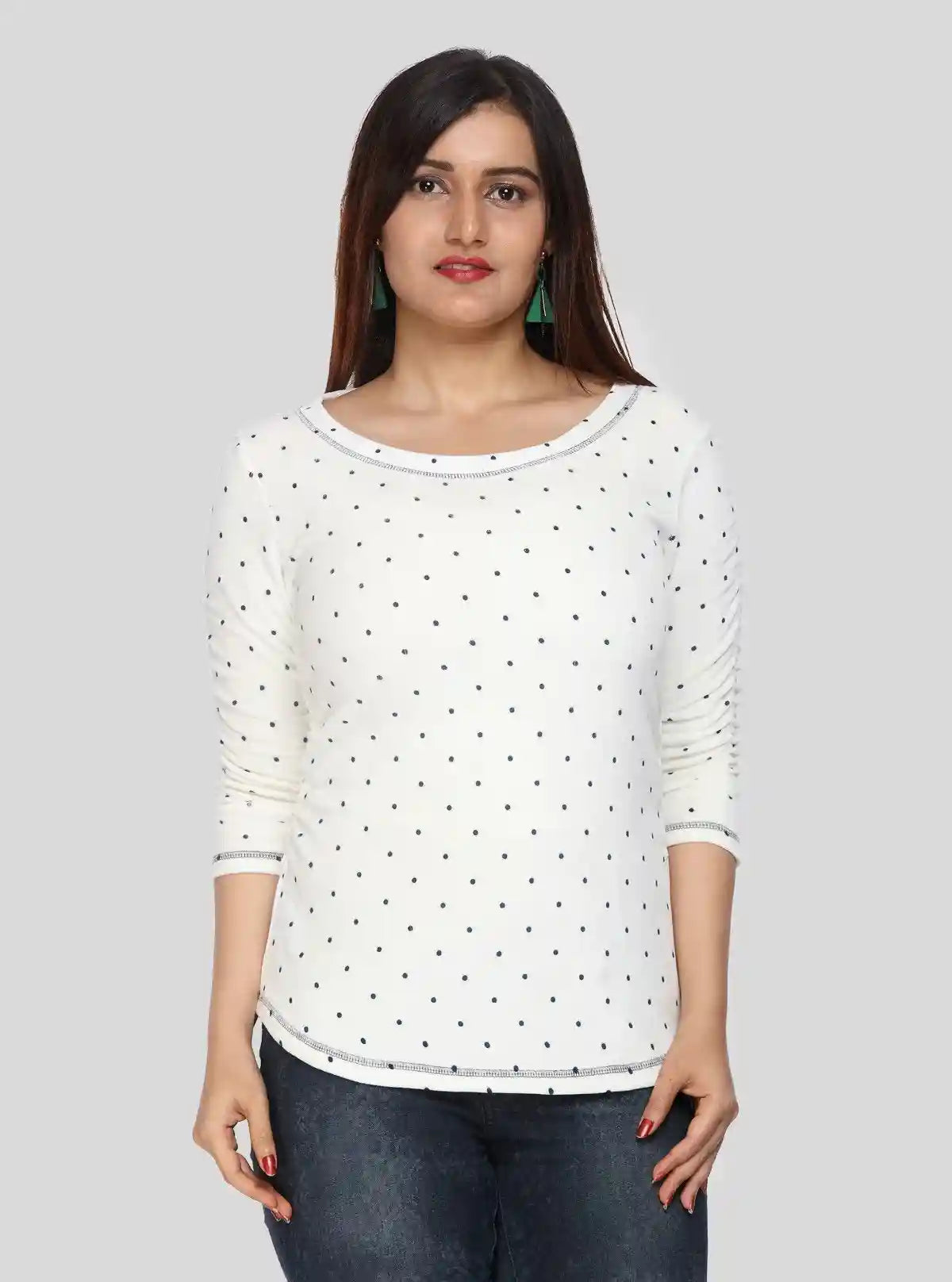 Women's Off-White Scoop Neck Polka Dot Cotton Rib Knit Long Sleeve Top | Buy Online at  Boer and Fitch