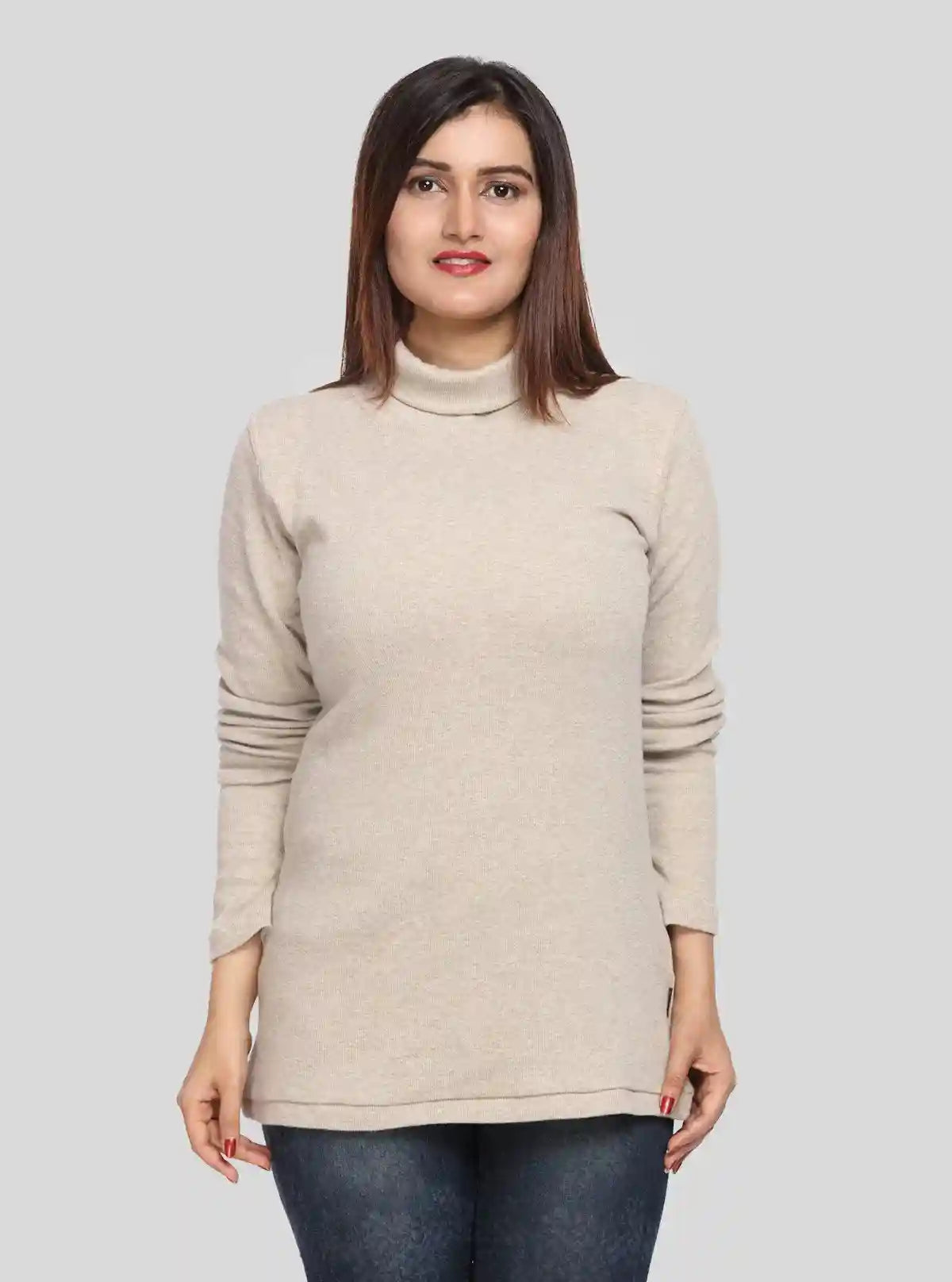Women’s Solid Ecru Ribbed Turtle Neck Pullover with Long Sleeves | Buy Online at gep32c-qs.myshopify.com