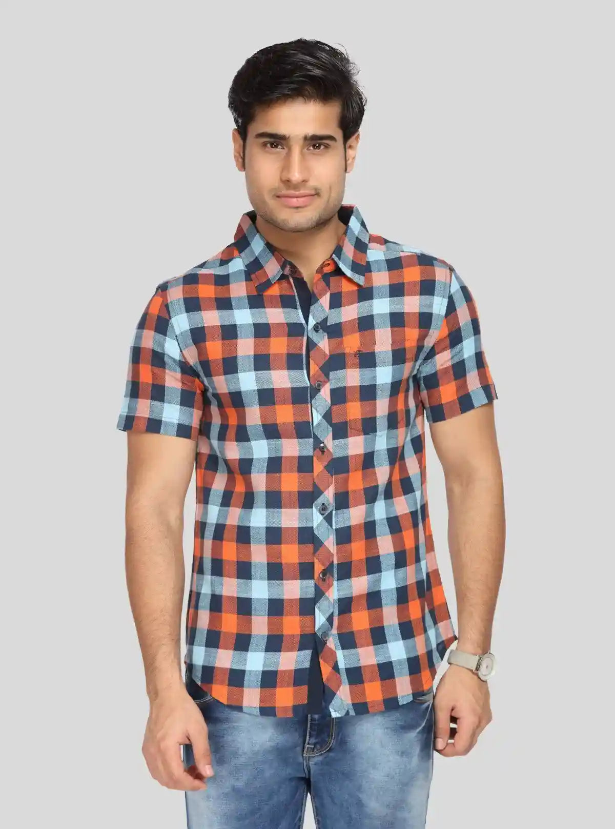 Men’s Orange & Blue Broad Checked Slim Fit Shirt – Bold Style by Boer & Fitch | Buy Online at  Boer and Fitch