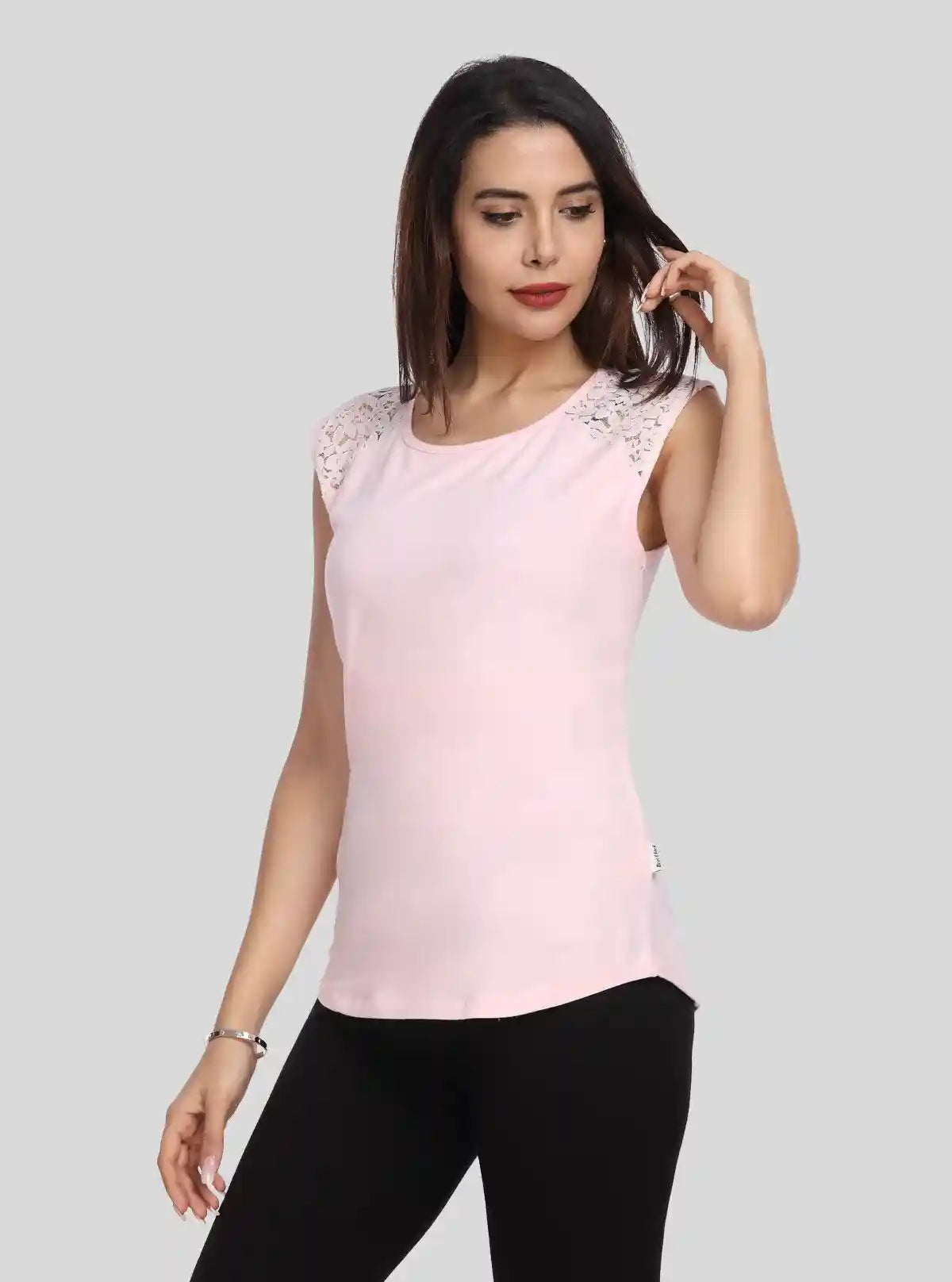 Women's Pink Elegant Lace Short Sleeve Top in Cotton Elastane Jersey | Boer & Fitch | Buy Online at  Boer and Fitch
