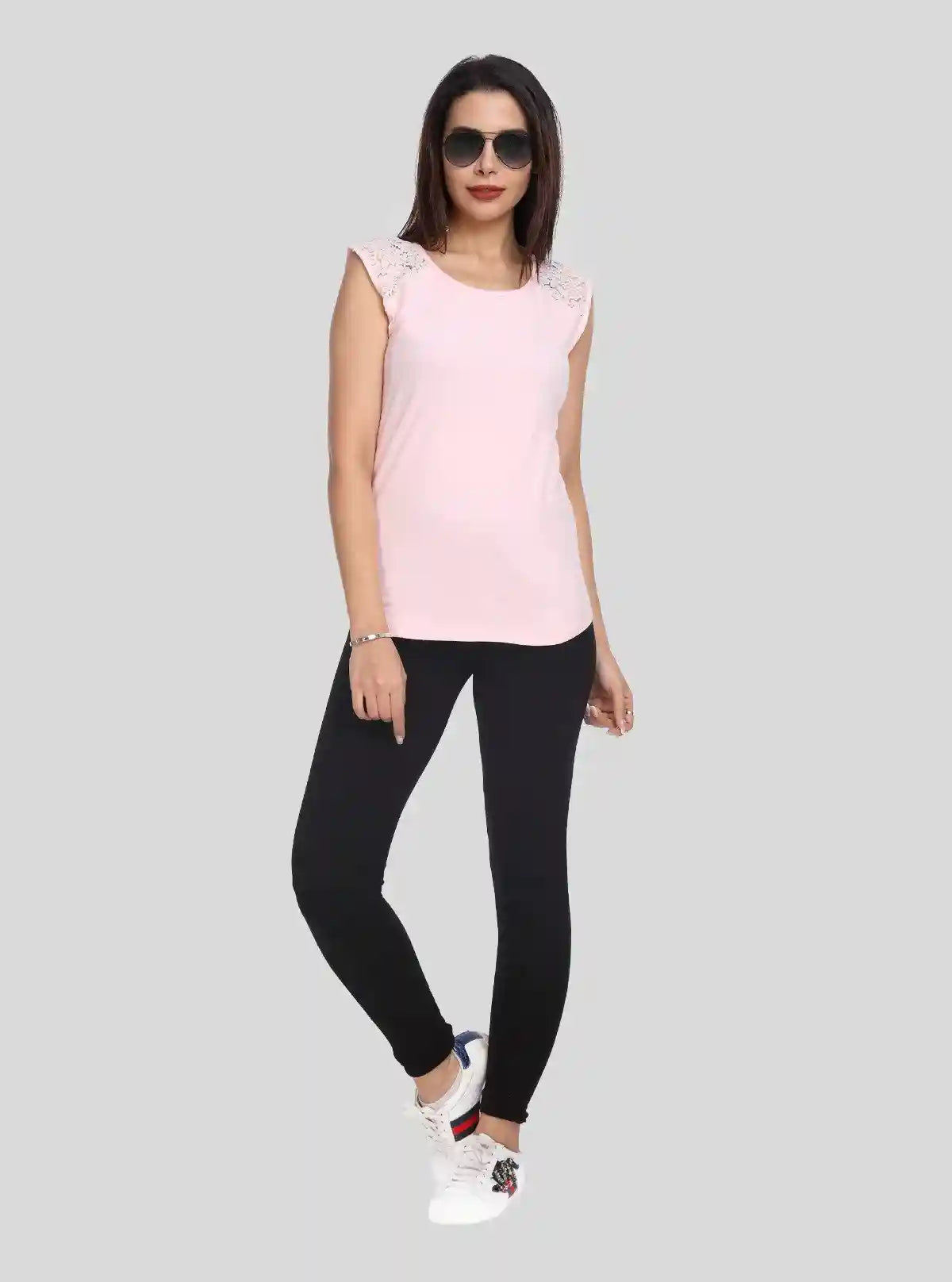 Women's Pink Elegant Lace Short Sleeve Top in Cotton Elastane Jersey | Boer & Fitch | Buy Online at  Boer and Fitch