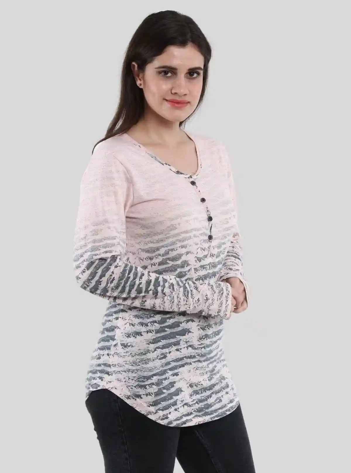 Women's Pink Printed Button-Front Long Sleeve Cotton Blend Knit Top | Buy Online at  Boer and Fitch