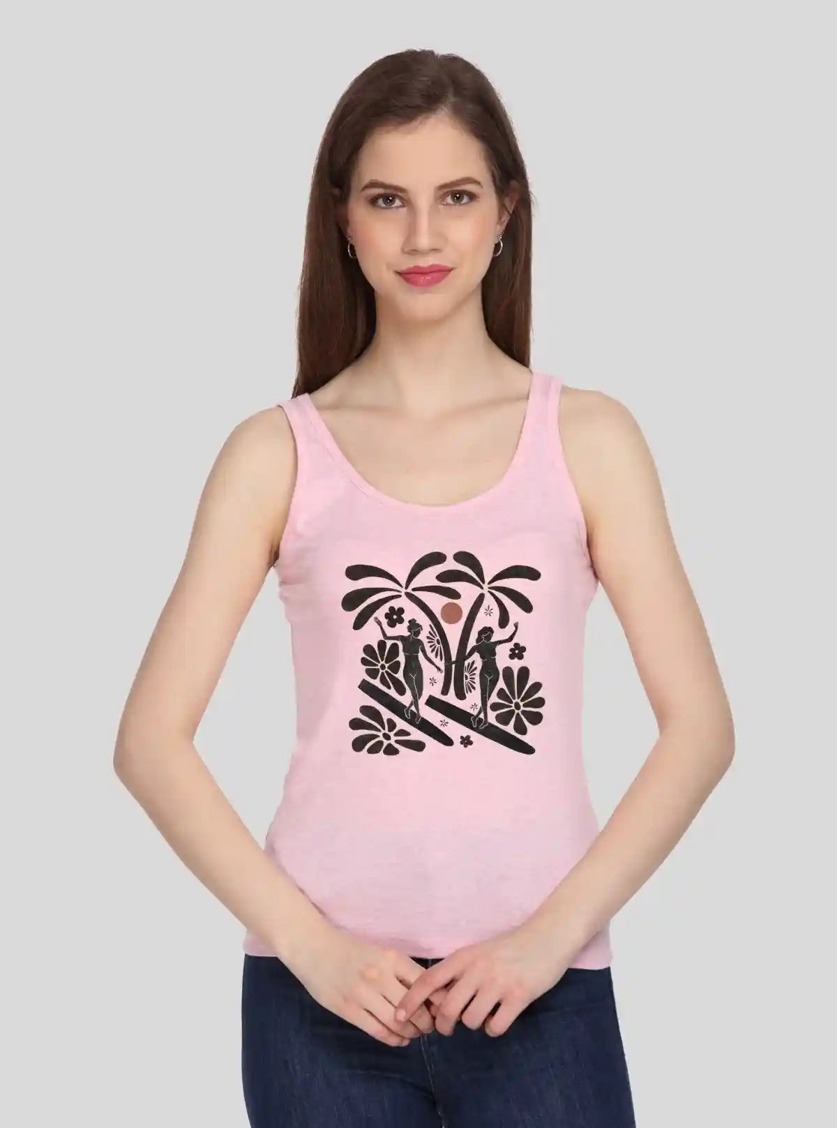 Women’s Pink Sleeveless Top with Surf Girl Print – Cotton Jersey by Boer and Fitch | Buy Online at  Boer and Fitch