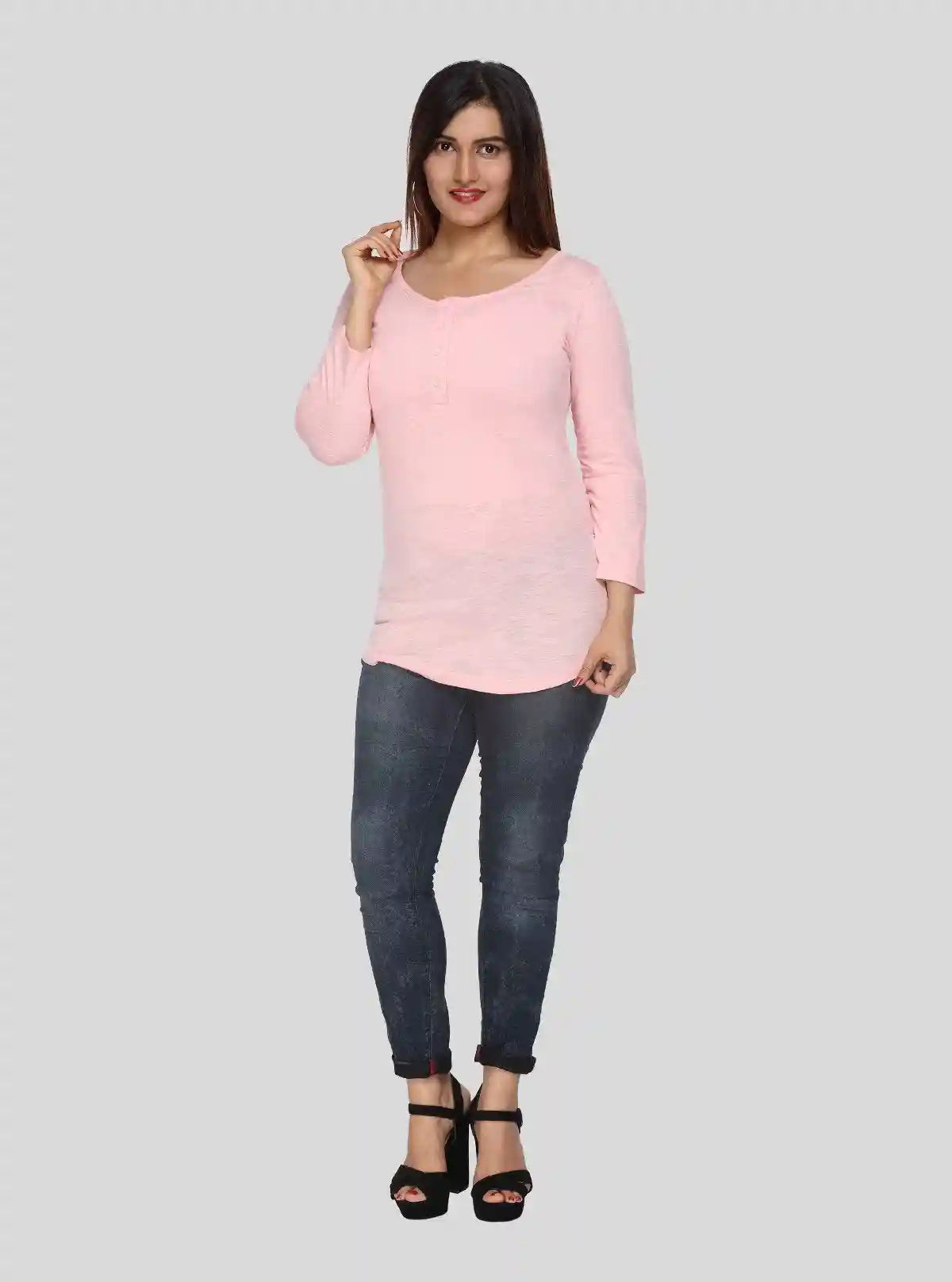 Women's Solid Pink Buttoned Cotton Slub Jersey Long Sleeve Top | Boer & Fitch | Buy Online at  Boer and Fitch