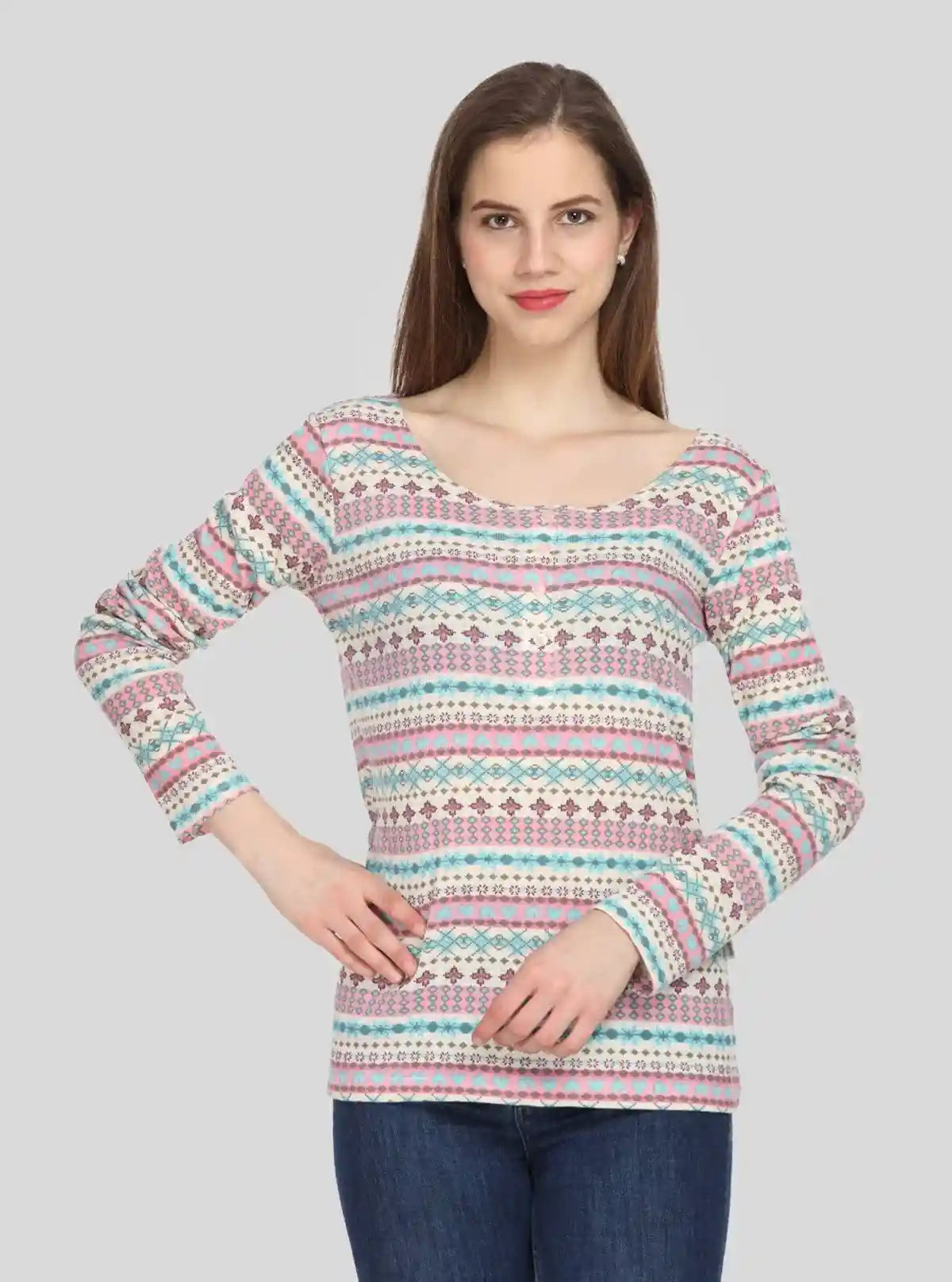 Women's Multicolor Print Scoop Neck Cotton Waffle Knit Buttoned Top | Buy Online at  Boer and Fitch