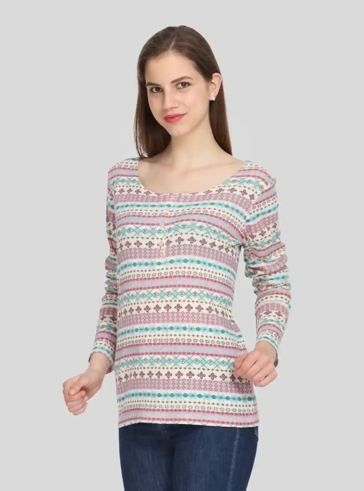 Women's Multicolor Print Scoop Neck Cotton Waffle Knit Buttoned Top | Buy Online at  Boer and Fitch