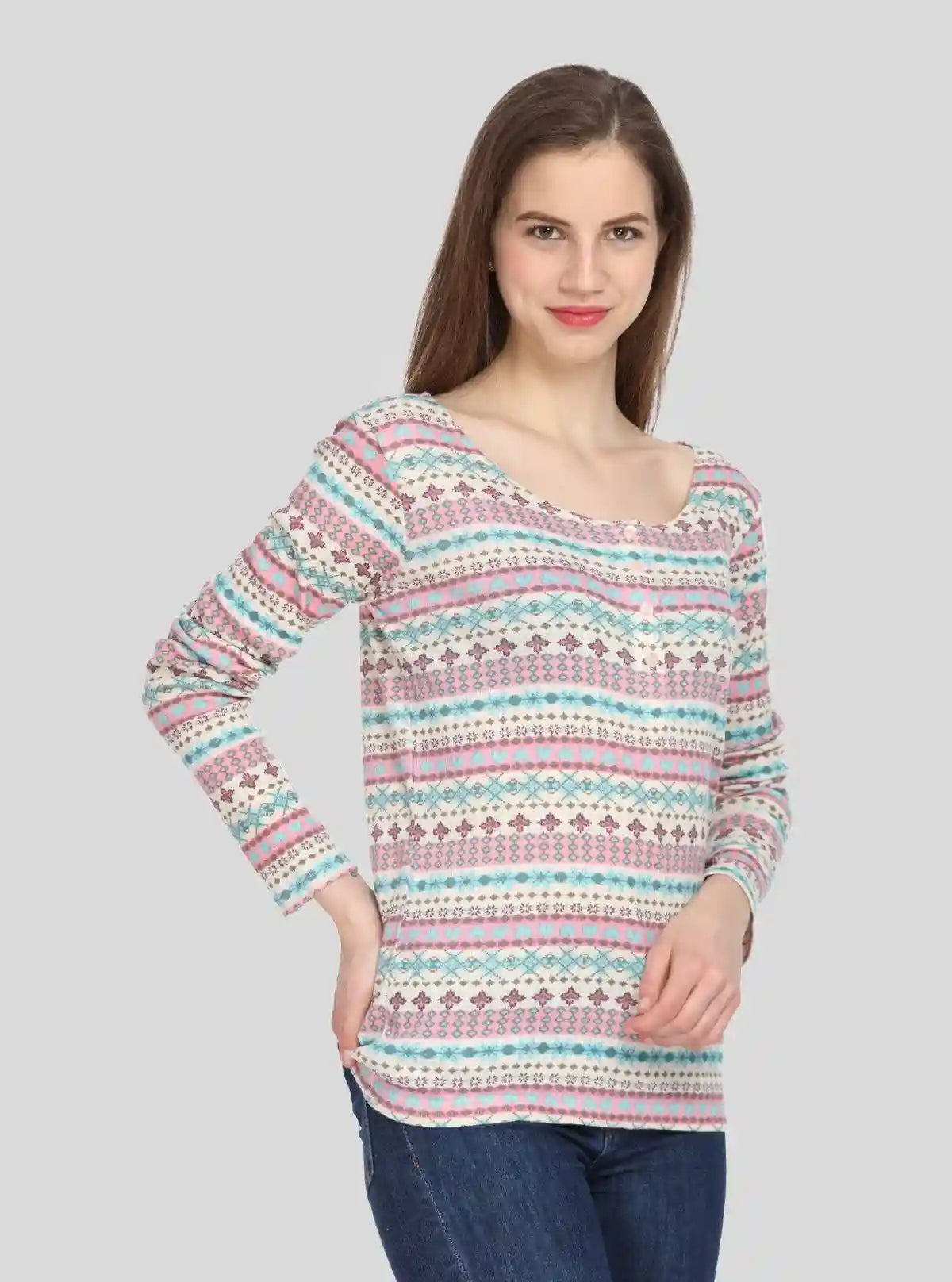Women's Multicolor Print Scoop Neck Cotton Waffle Knit Buttoned Top | Buy Online at  Boer and Fitch