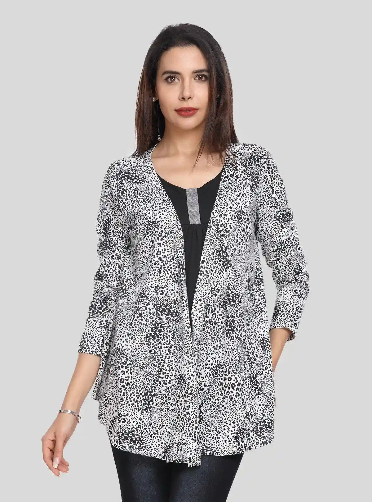 Women's White All Over Printed Cotton Shrug with Solid Black Inner | Buy Online at  Boer and Fitch