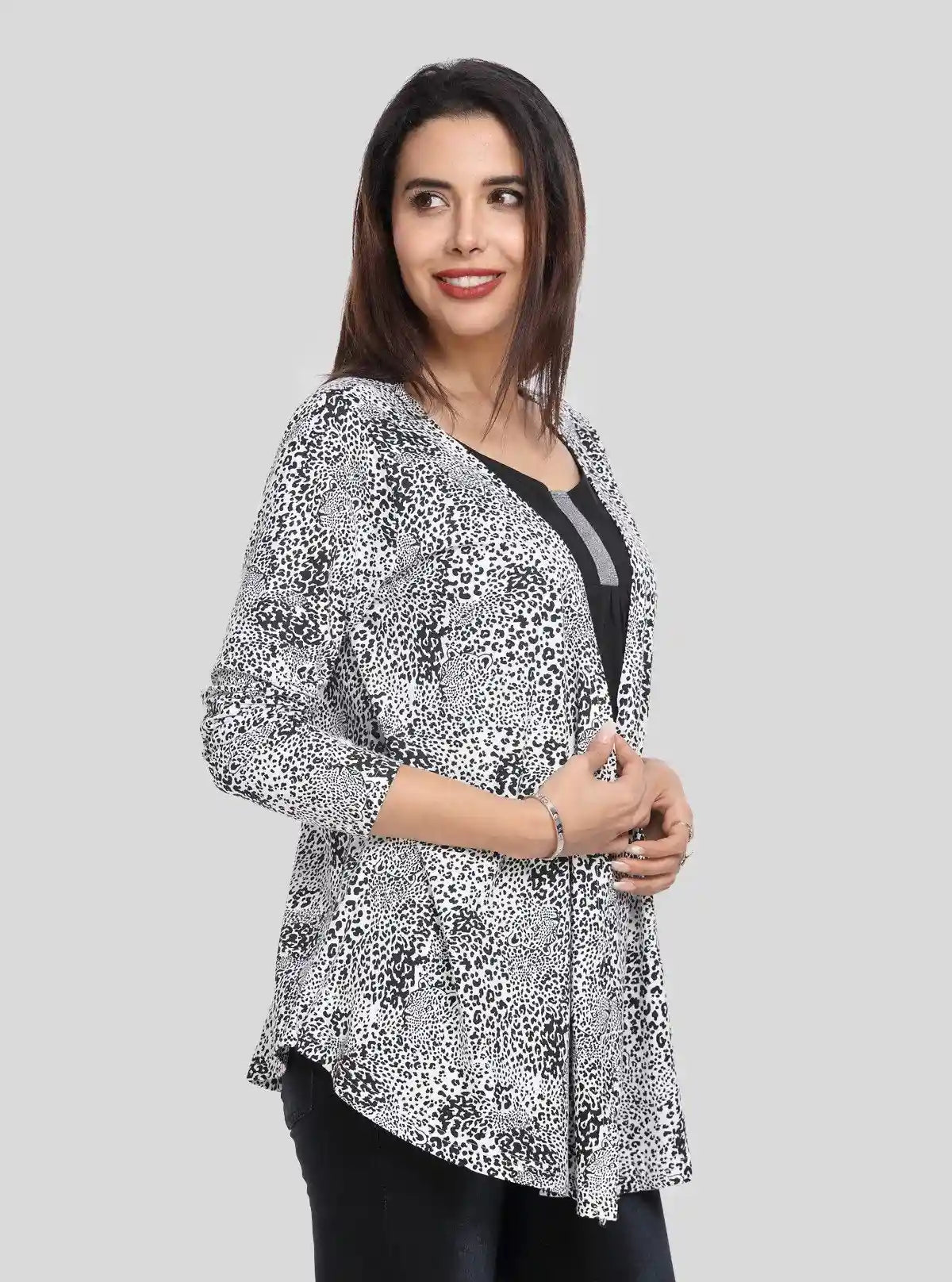 Women's White All Over Printed Cotton Shrug with Solid Black Inner | Buy Online at  Boer and Fitch