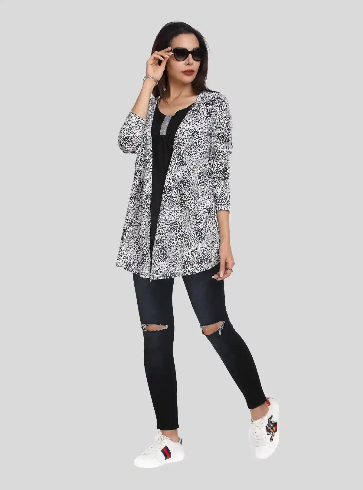 Women's White All Over Printed Cotton Shrug with Solid Black Inner | Buy Online at  Boer and Fitch