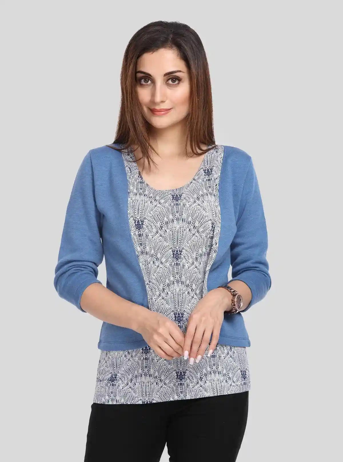 Women's Blue Cotton Shrug with Printed Inner Top Set – Boer and Fitch | Buy Online at  Boer and Fitch