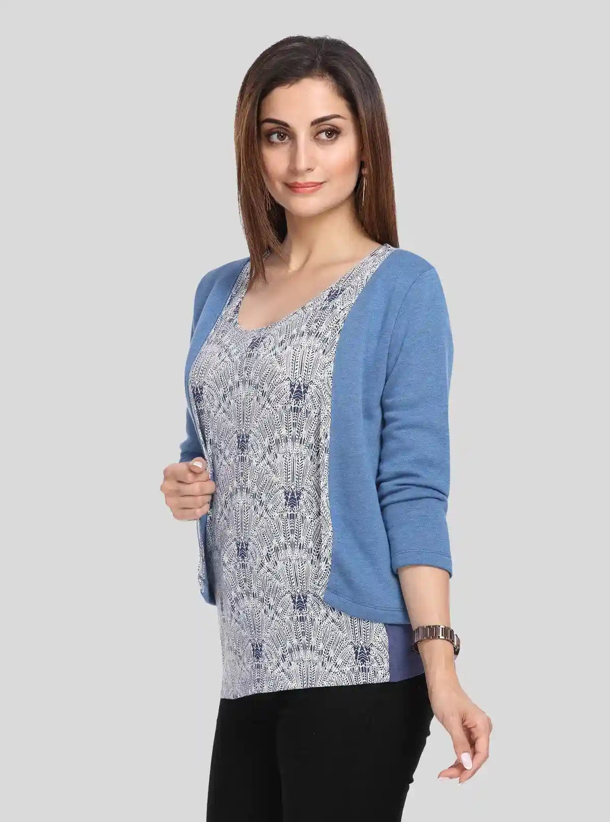 Women's Blue Cotton Shrug with Printed Inner Top Set – Boer and Fitch | Buy Online at  Boer and Fitch