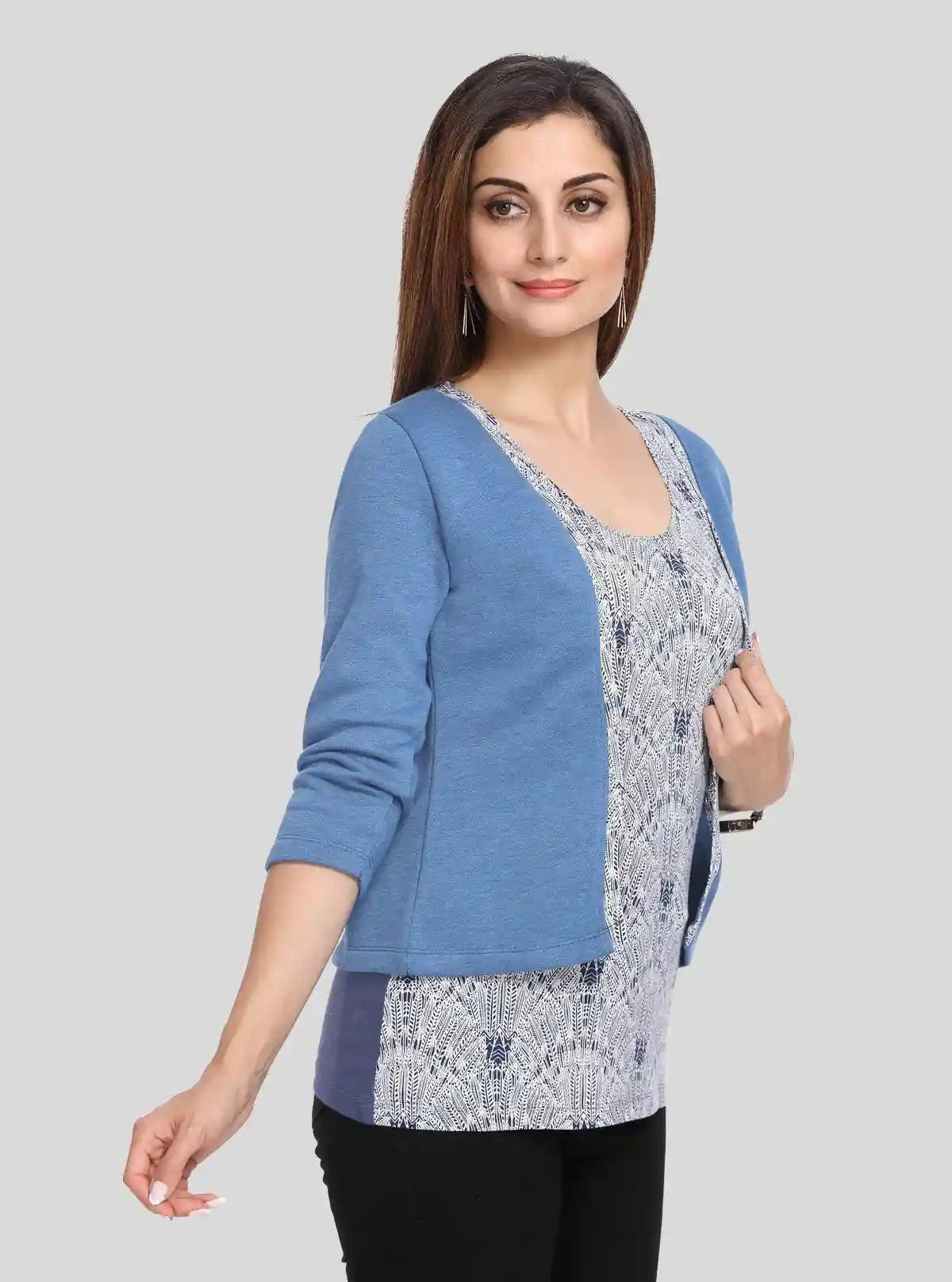 Women's Blue Cotton Shrug with Printed Inner Top Set – Boer and Fitch | Buy Online at  Boer and Fitch