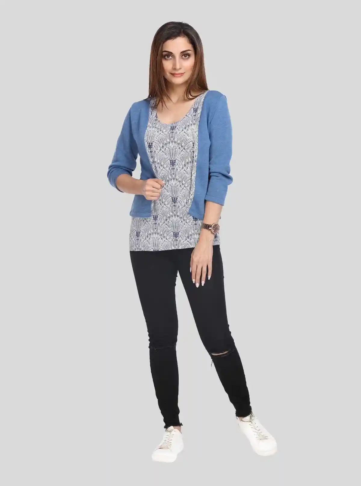 Women's Blue Cotton Shrug with Printed Inner Top Set – Boer and Fitch | Buy Online at  Boer and Fitch