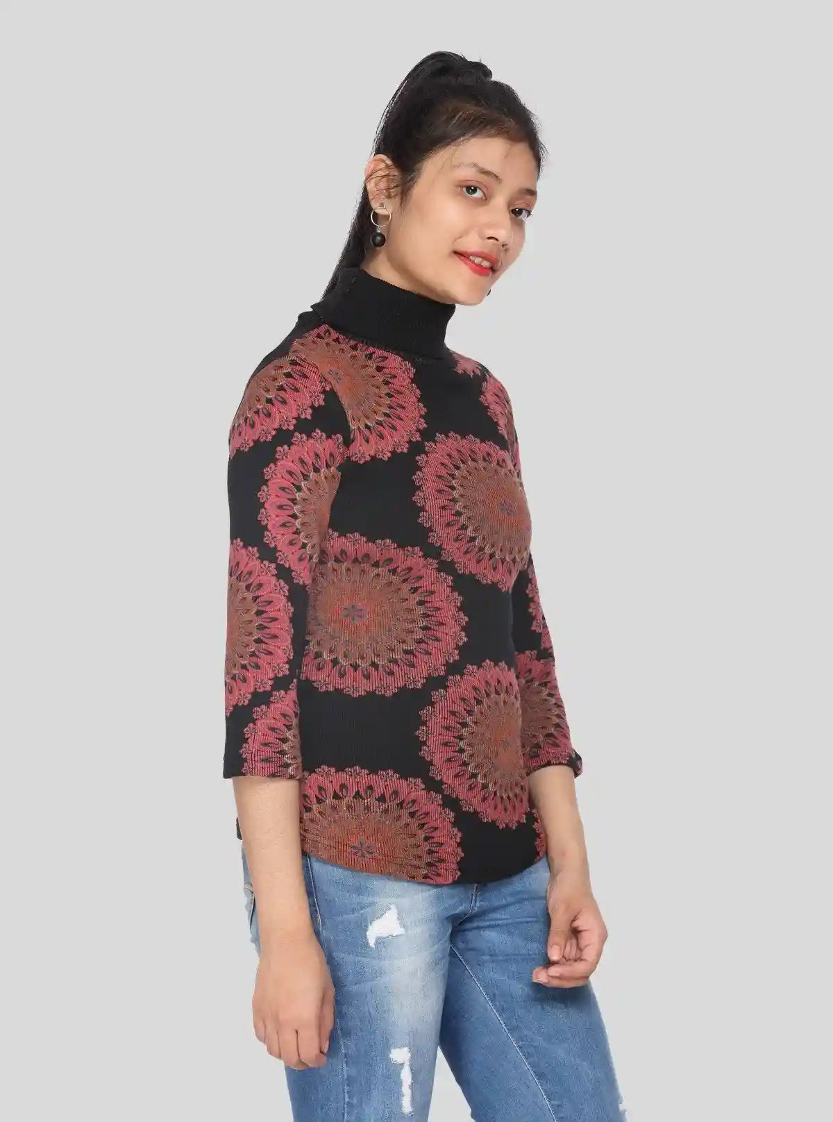 Women’s Burgundy Floral Print Ribbed Turtle Neck Pullover – 3/4 Sleeve | Buy Online at  Boer and Fitch