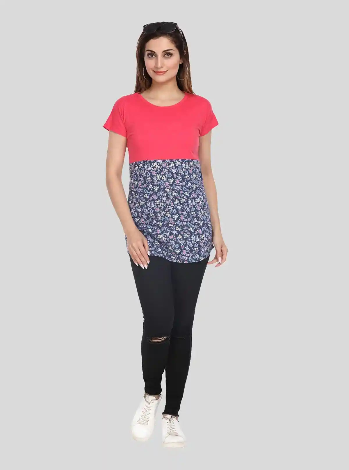 Women’s Coral Cut and Sew Cotton Jersey Top with Printed Bottom Panel | Boer & Fitch | Buy Online at  Boer and Fitch