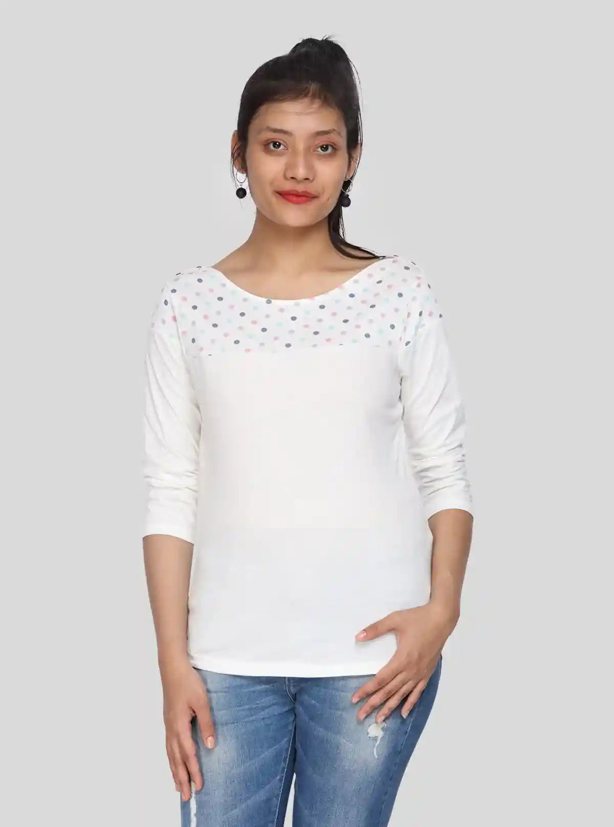 Women's Ecru Scoop Neck Polka Dot Panel Top – Cotton Jersey Knit | Buy Online at  Boer and Fitch