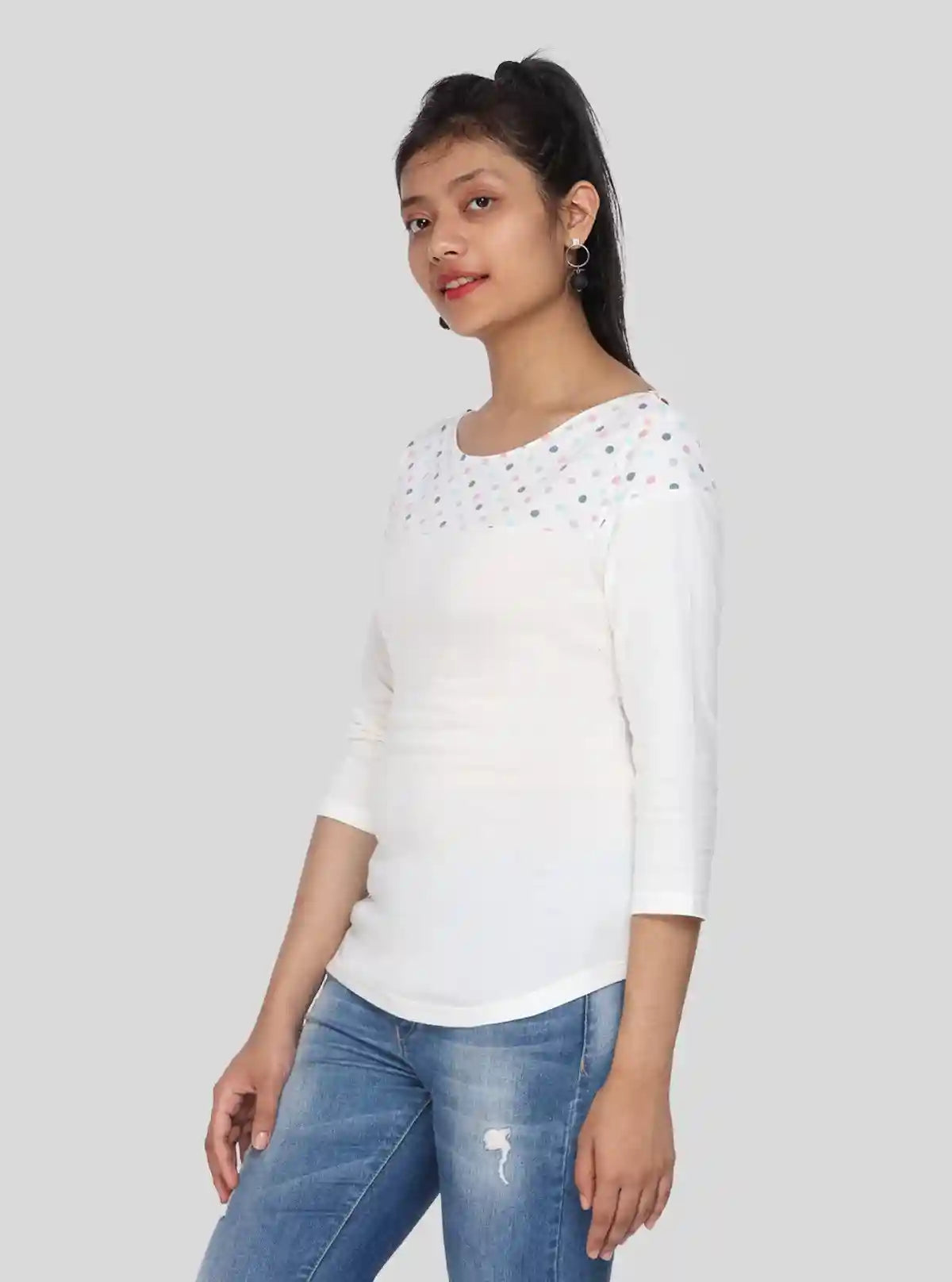Women's Ecru Scoop Neck Polka Dot Panel Top – Cotton Jersey Knit | Buy Online at  Boer and Fitch