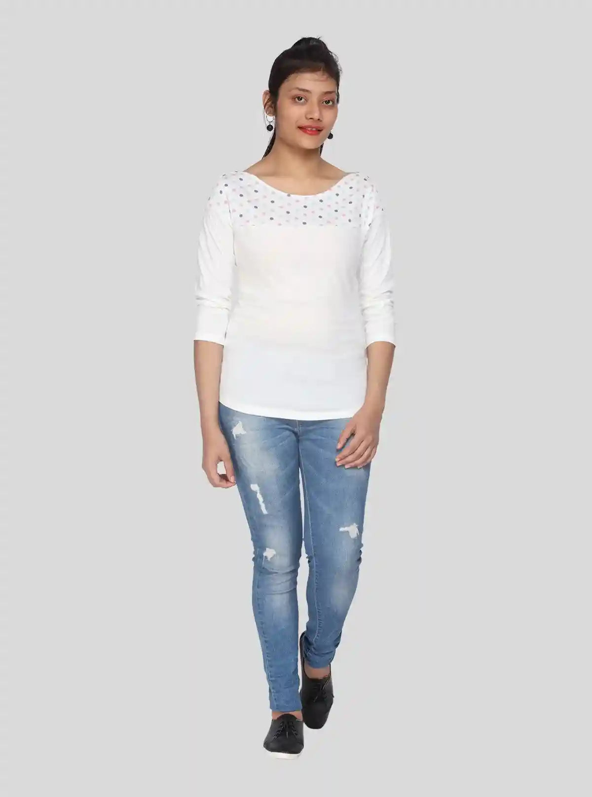 Women's Ecru Scoop Neck Polka Dot Panel Top – Cotton Jersey Knit | Buy Online at  Boer and Fitch