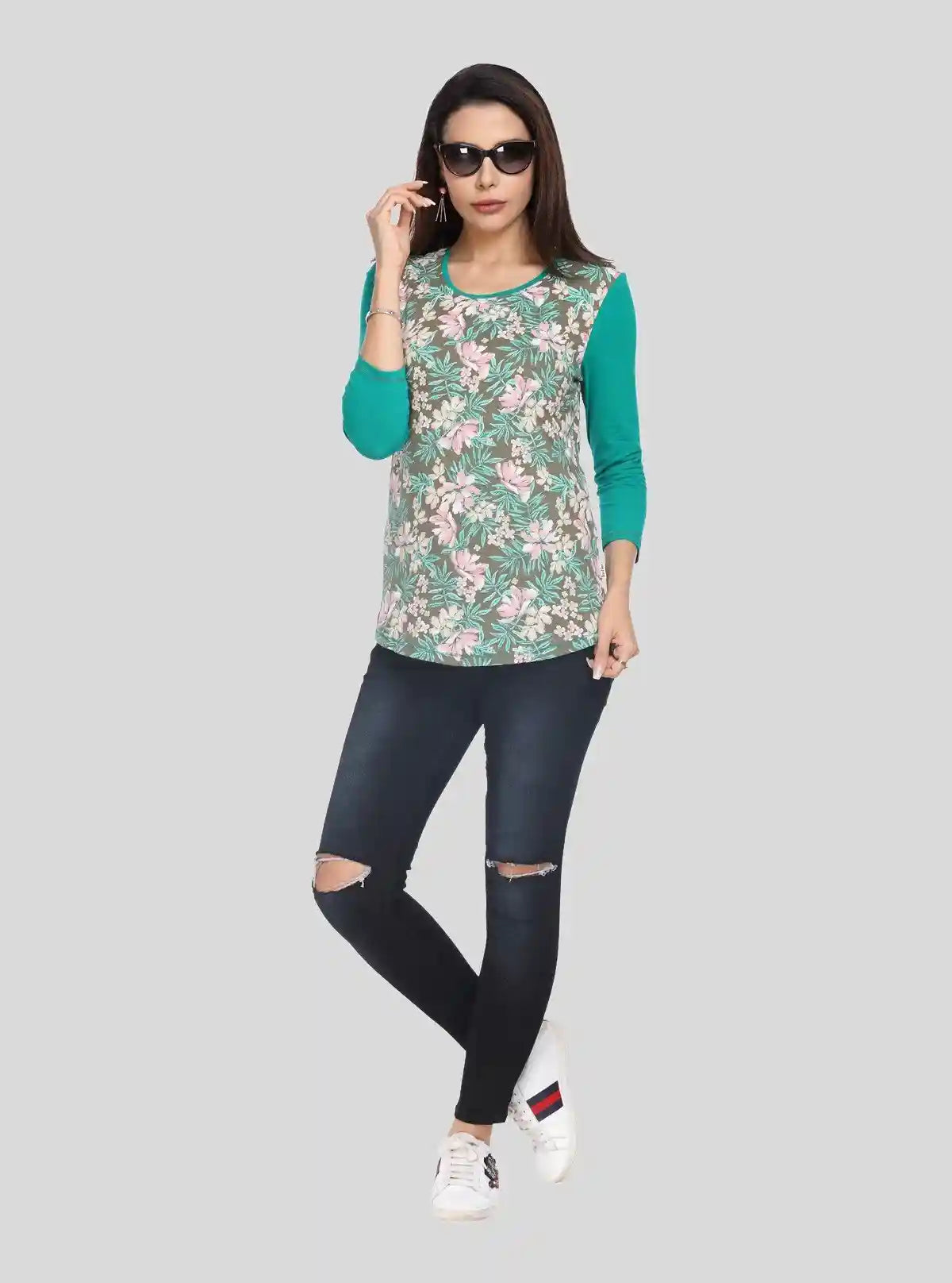 Women's Green Floral Print Contrast Top – Bold Style Meets Elegant Detail | Buy Online at  Boer and Fitch