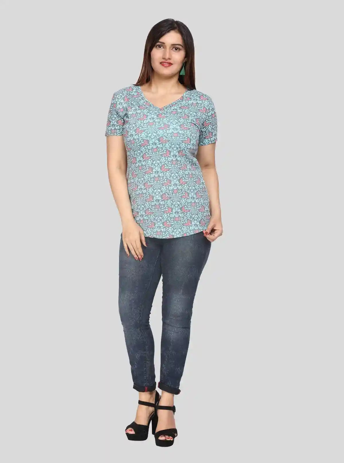 Women’s Green Printed V-Neck Cotton T-Shirt – Boer and Fitch | Buy Online at  Boer and Fitch