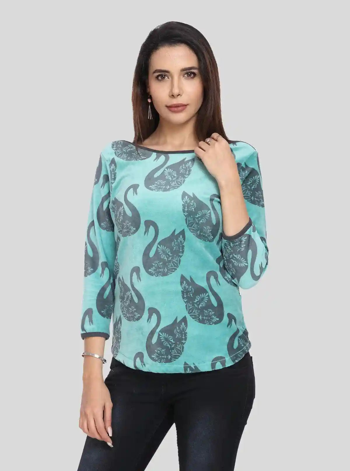 Women’s Green Swan Print 3/4 Sleeve Boat Neck Sweat Top – Chic Cotton Blend | Buy Online at  Boer and Fitch