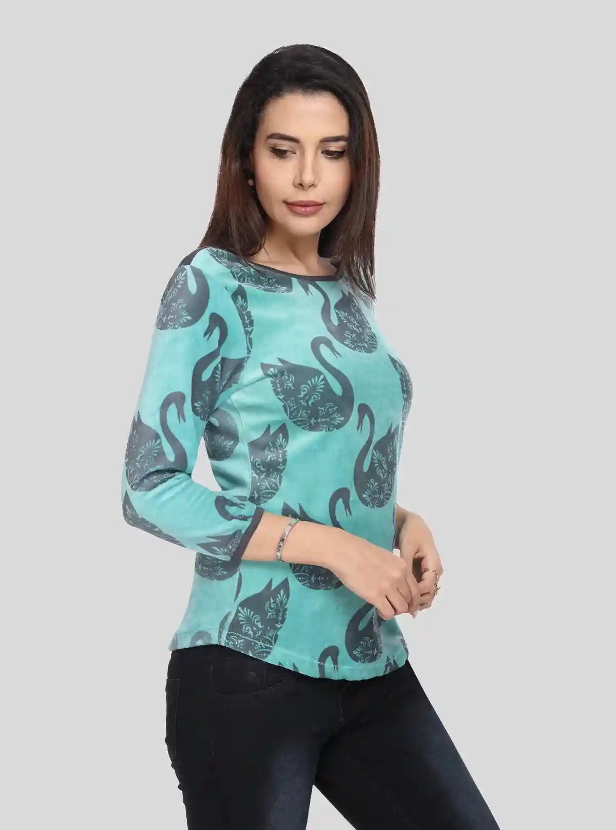 Women’s Green Swan Print 3/4 Sleeve Boat Neck Sweat Top – Chic Cotton Blend | Buy Online at  Boer and Fitch