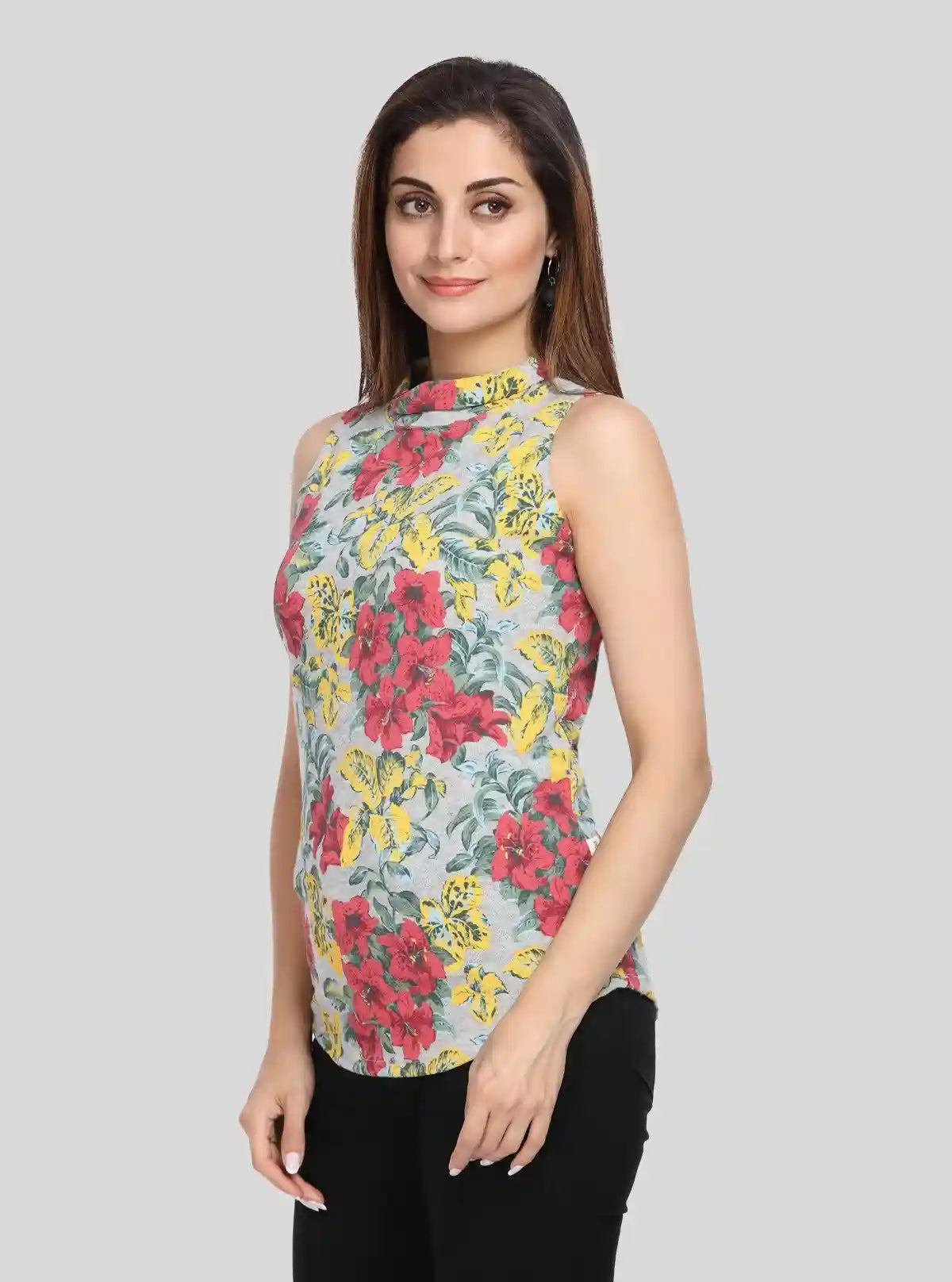 Women’s Grey Floral High Neck Sleeveless Top – Elegant & Breezy Style | Buy Online at  Boer and Fitch