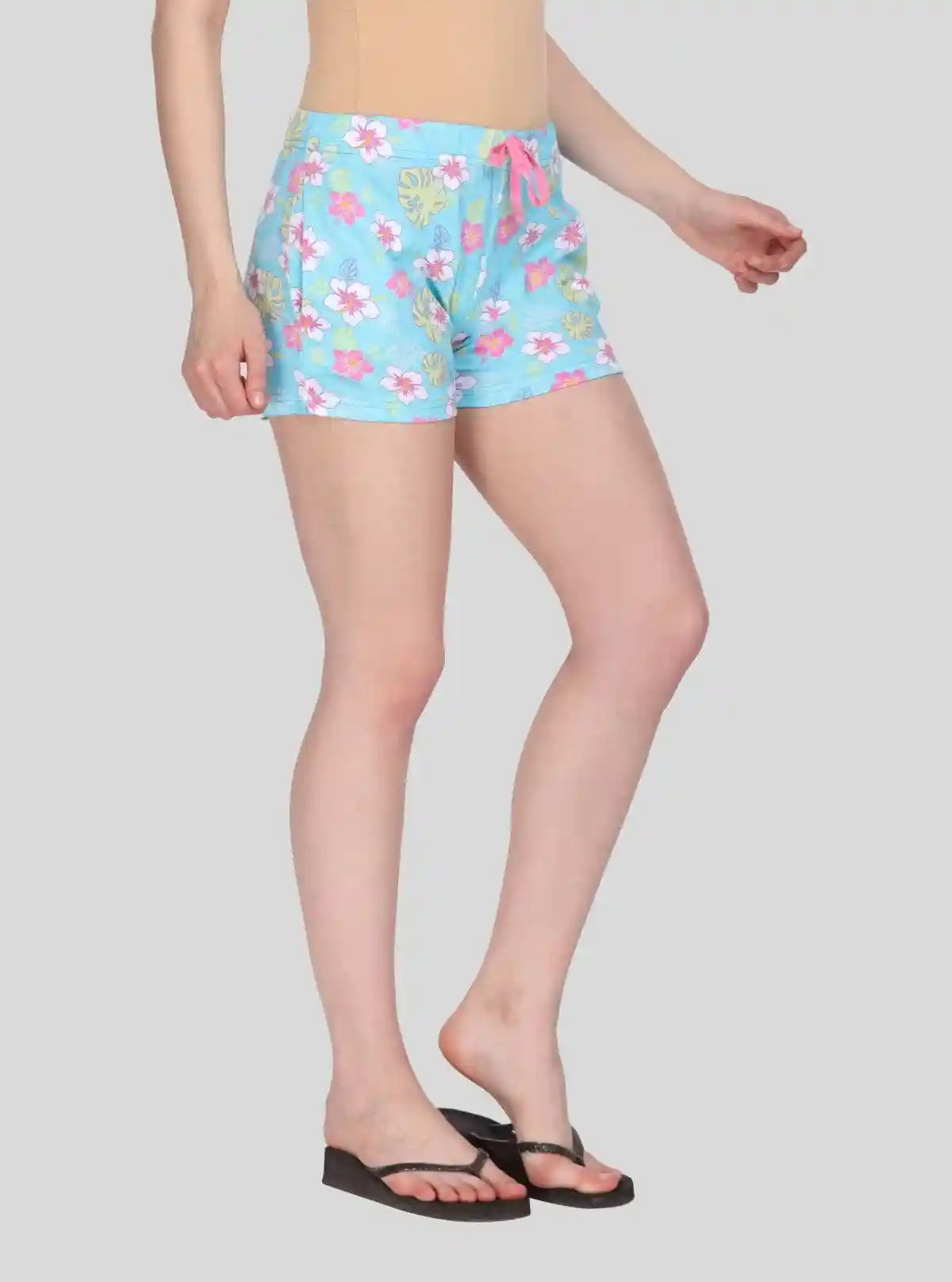 Women’s Light Blue Floral Cotton Jersey Shorts – Soft, Fresh & Feminine Fit | Buy Online at  Boer and Fitch