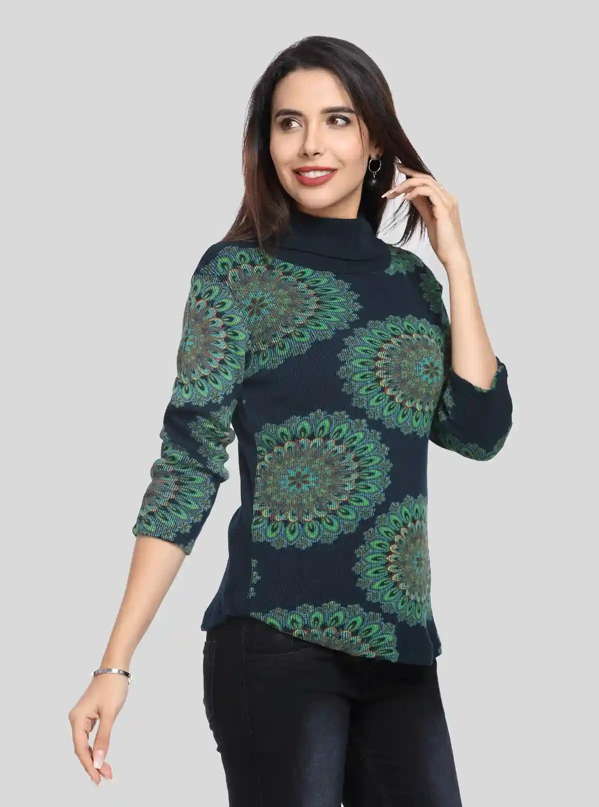 Women’s Navy Floral Rib Knit Turtle Neck Sweat Top in Cotton-Poly Blend | Buy Online at  Boer and Fitch