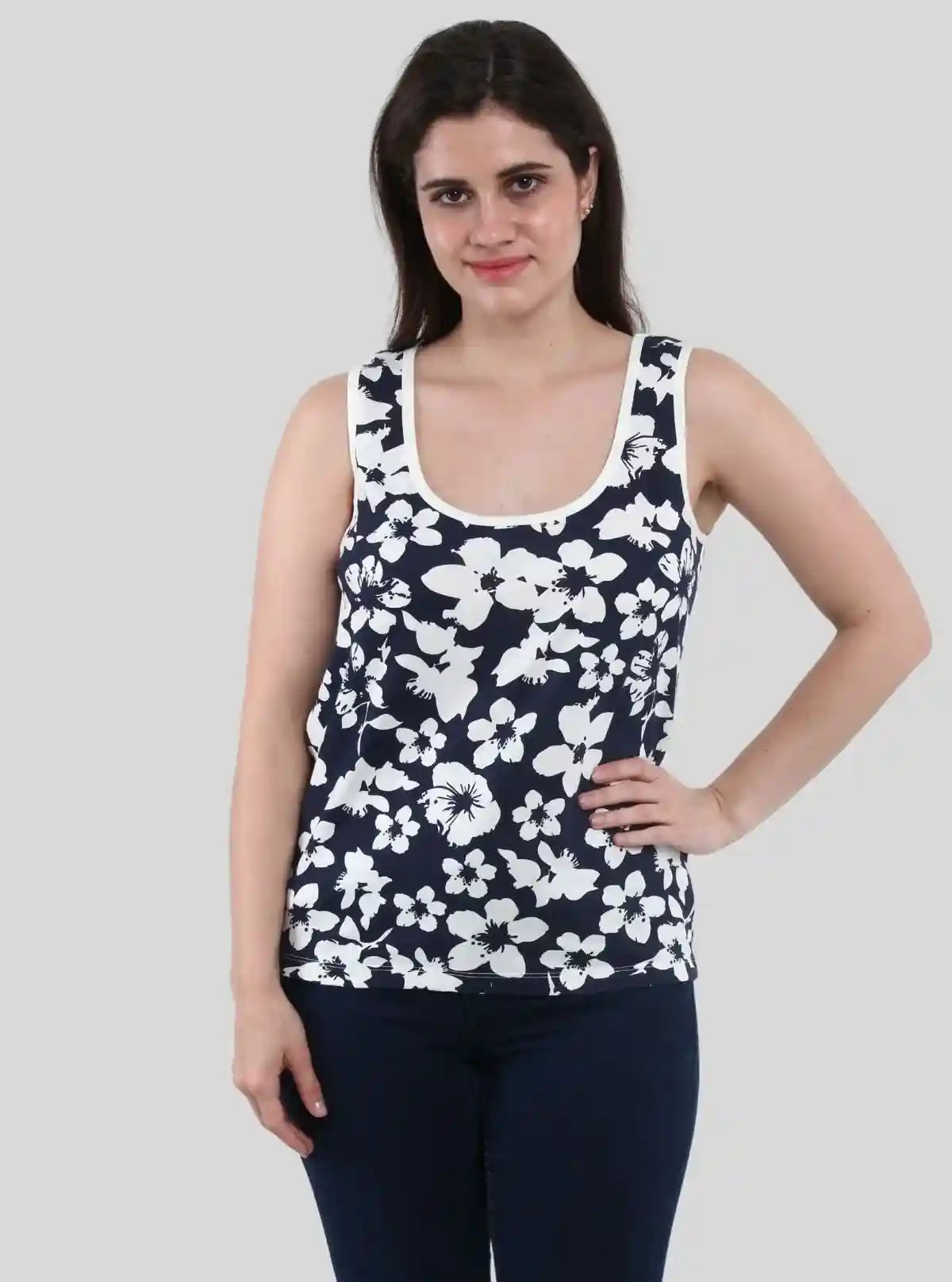 Women’s Navy Floral Sleeveless Top – Elegant Cotton Jersey by Boer and Fitch | Buy Online at  Boer and Fitch