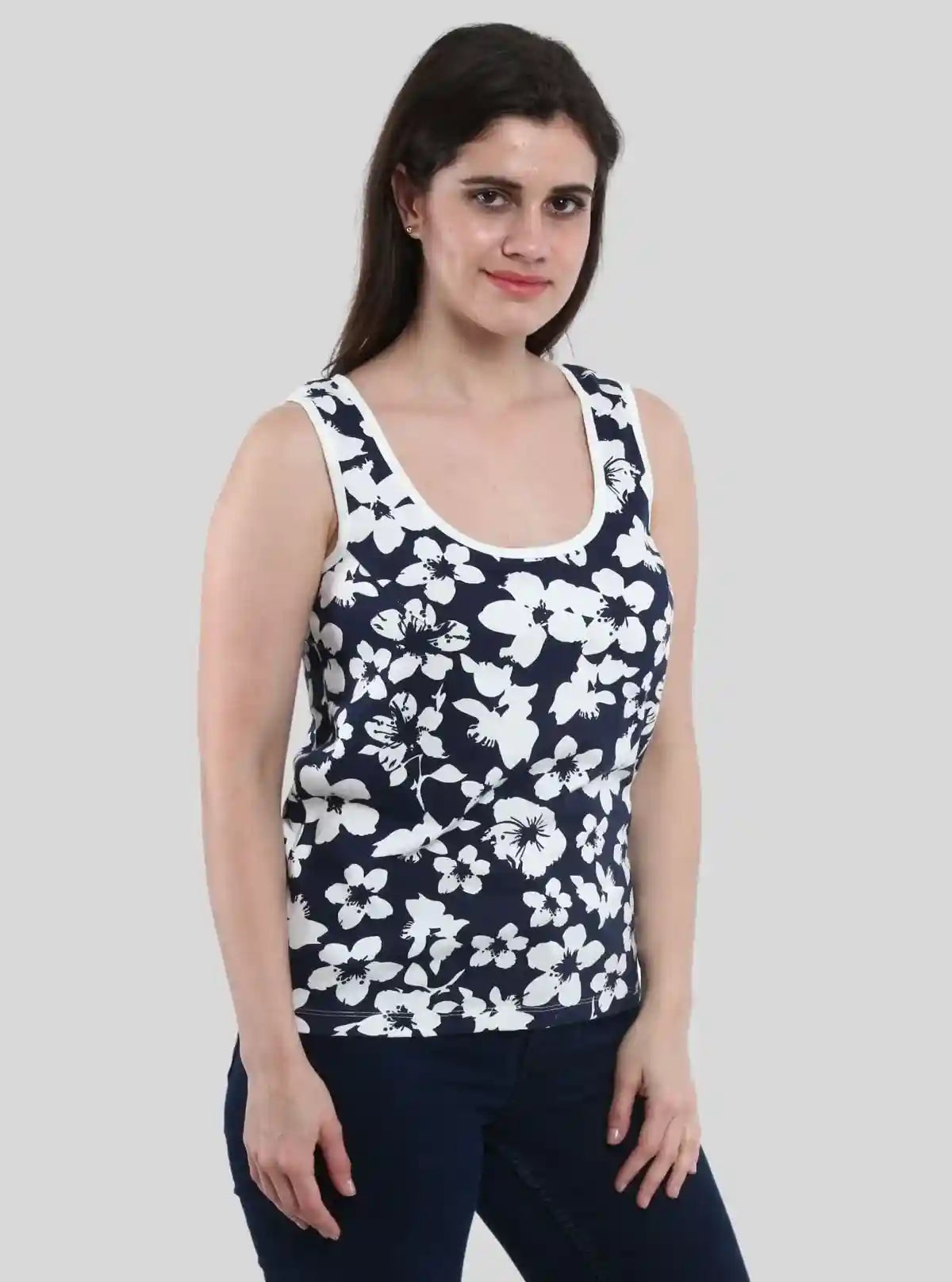 Women’s Navy Floral Sleeveless Top – Elegant Cotton Jersey by Boer and Fitch | Buy Online at  Boer and Fitch