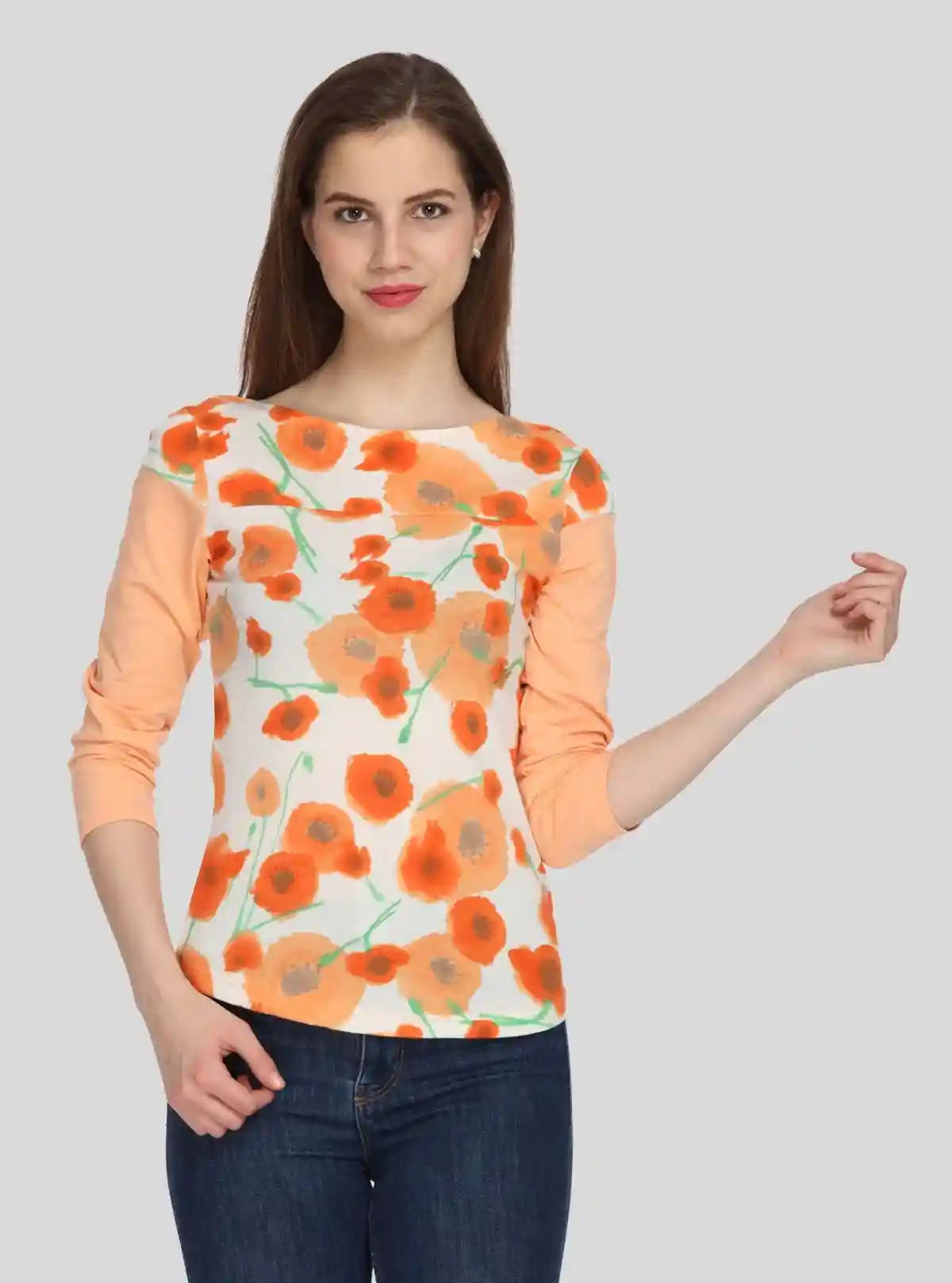 Women's Orange Floral Print Scoop Neck Top with Contrast Sleeves – Cotton Jersey | Buy Online at  Boer and Fitch