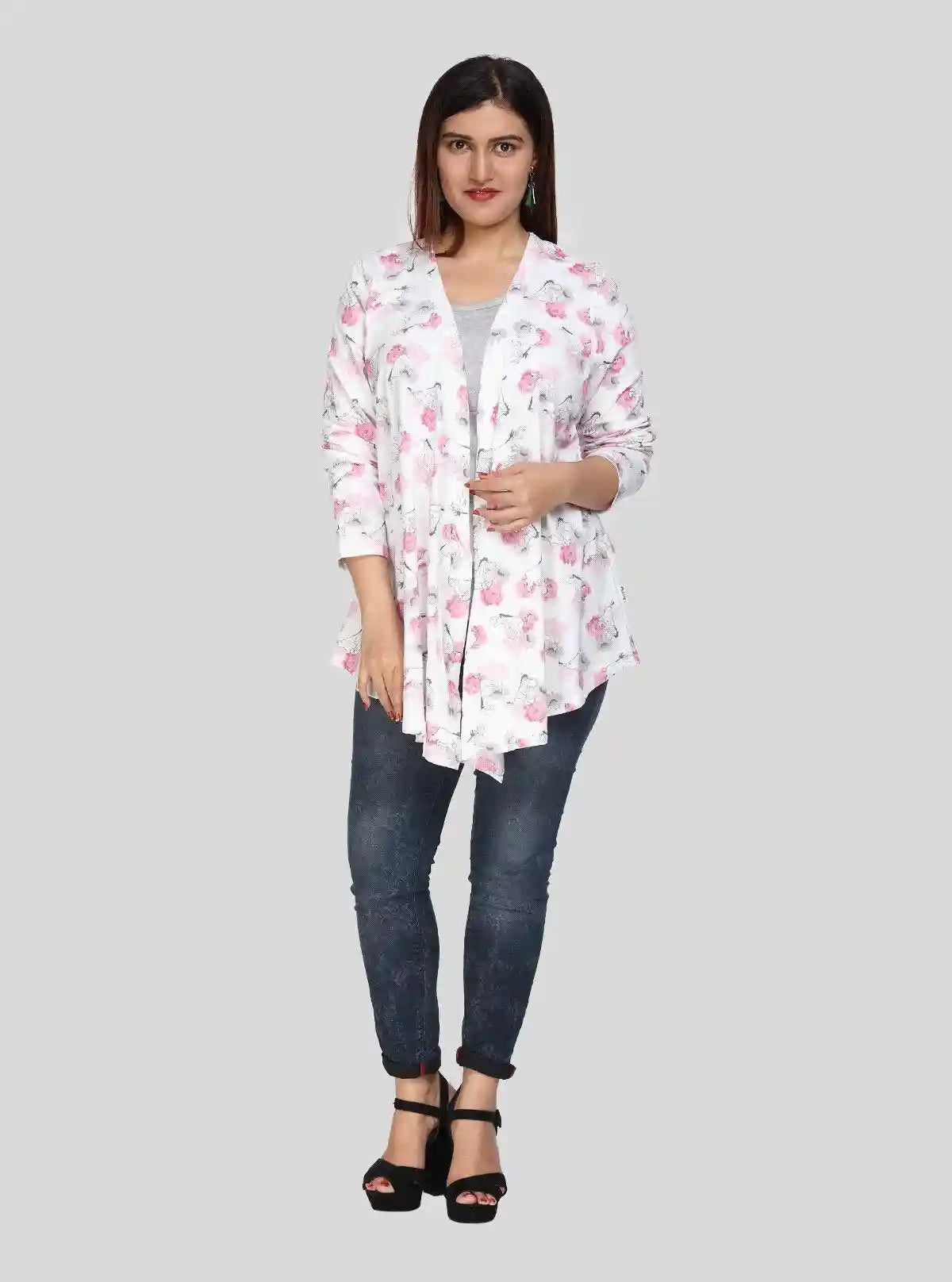 Women's White Cotton Shrug with All Over Pink Floral Print | Buy Online at  Boer and Fitch
