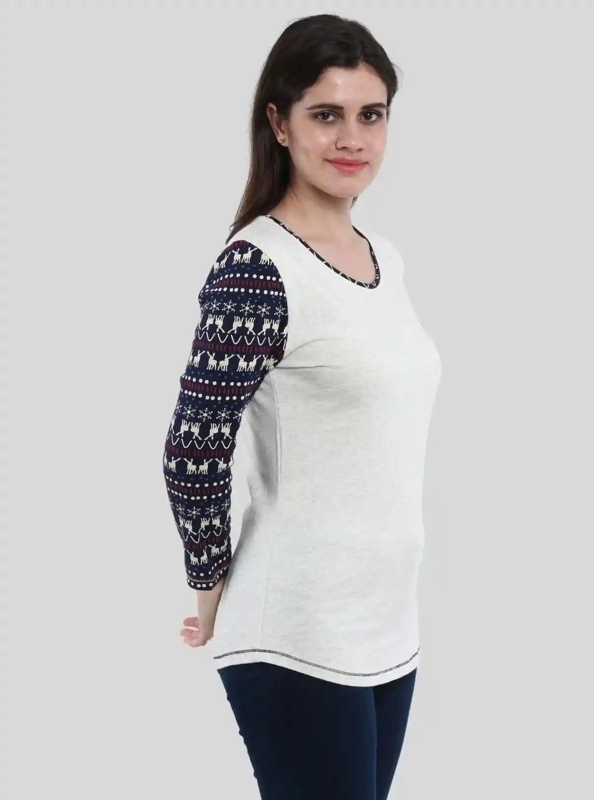 Women’s White Melange Scoop Neck Deer Print Top with Long Sleeves – Cotton Rib Knit | Buy Online at  Boer and Fitch