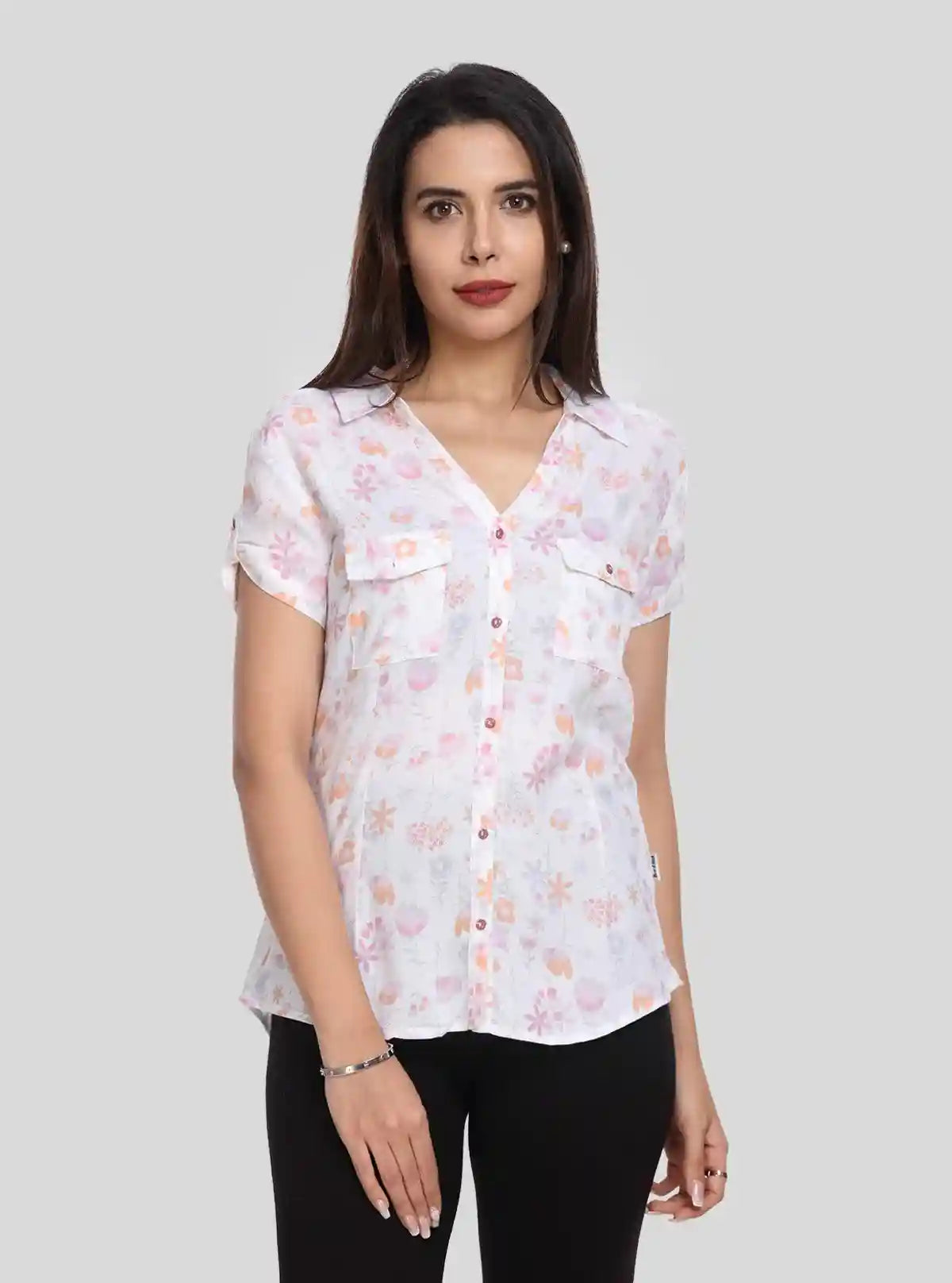 Women’s White Shirt with Orange Floral Print – Short Sleeve Style | Buy Online at  Boer and Fitch