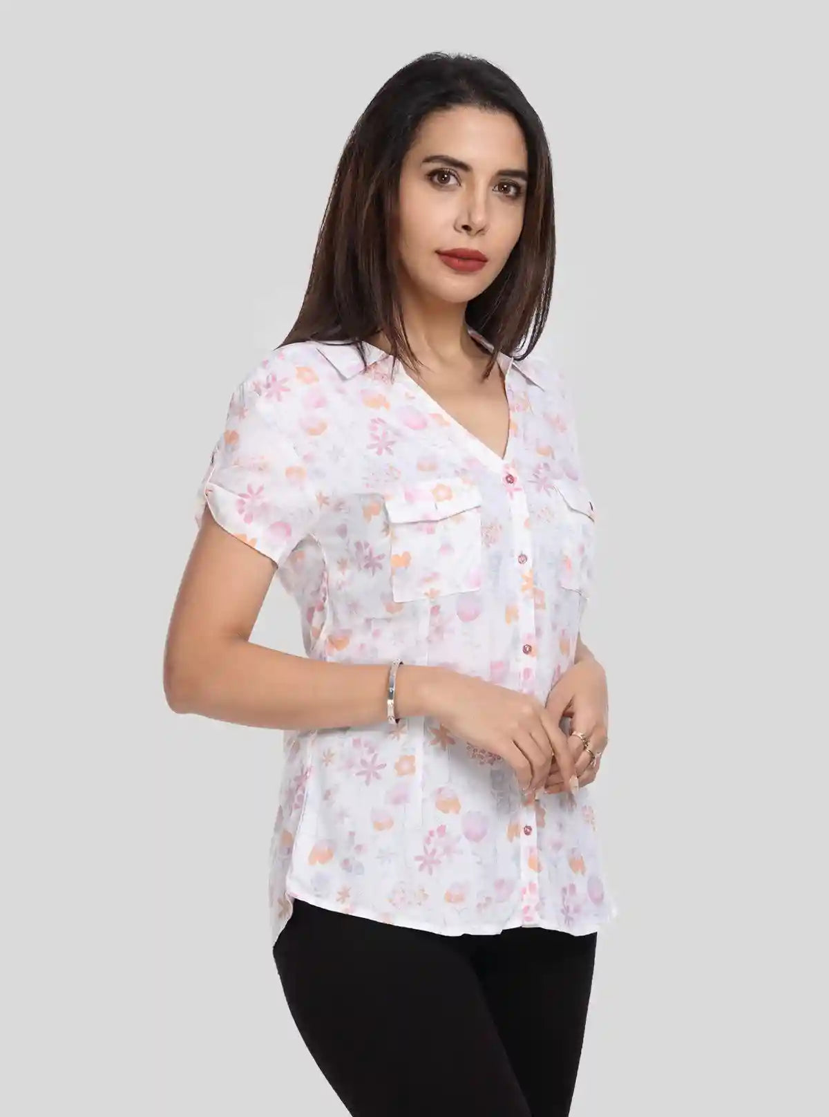 Women’s White Shirt with Orange Floral Print – Short Sleeve Style | Buy Online at  Boer and Fitch