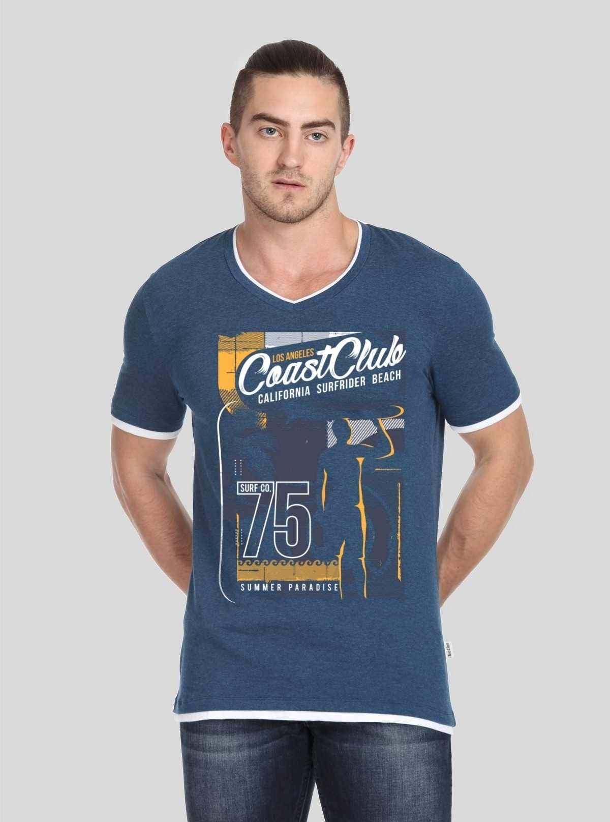 Printed V Neck Navy T Shirt - Boer and Fitch