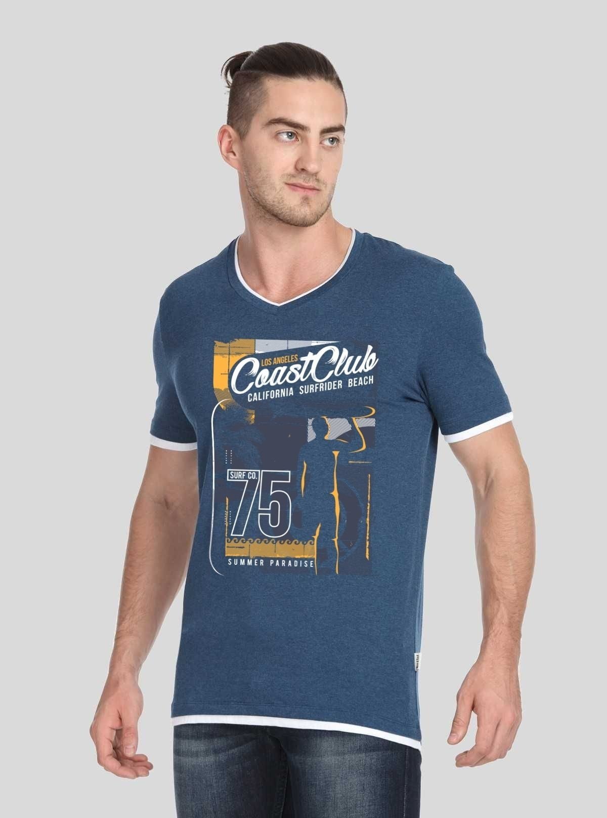 Printed V Neck Navy T Shirt - Boer and Fitch