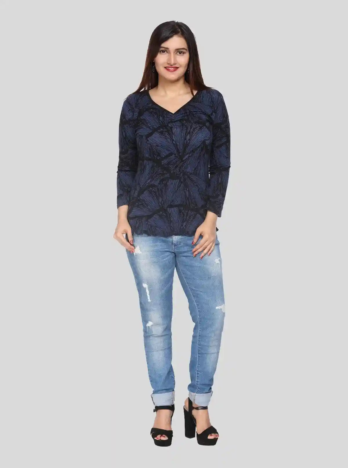 Women's Light Blue Printed Long Sleeve Top in Cotton Jersey Blend | Boer & Fitch | Buy Online at  Boer and Fitch