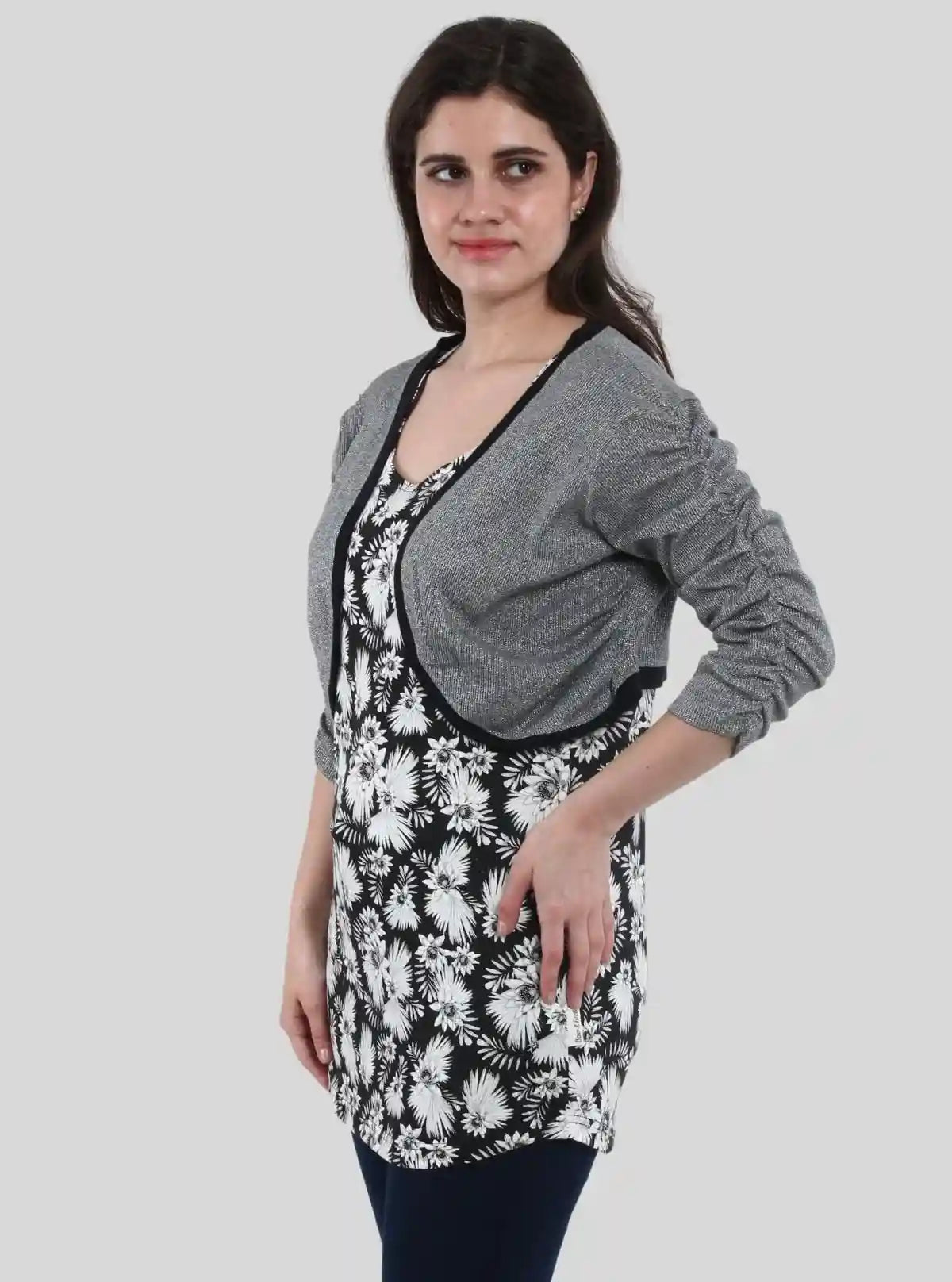 Women's Lurex Overcoat with Floral Printed Inner in Cotton Feather Fabric | Buy Online at  Boer and Fitch