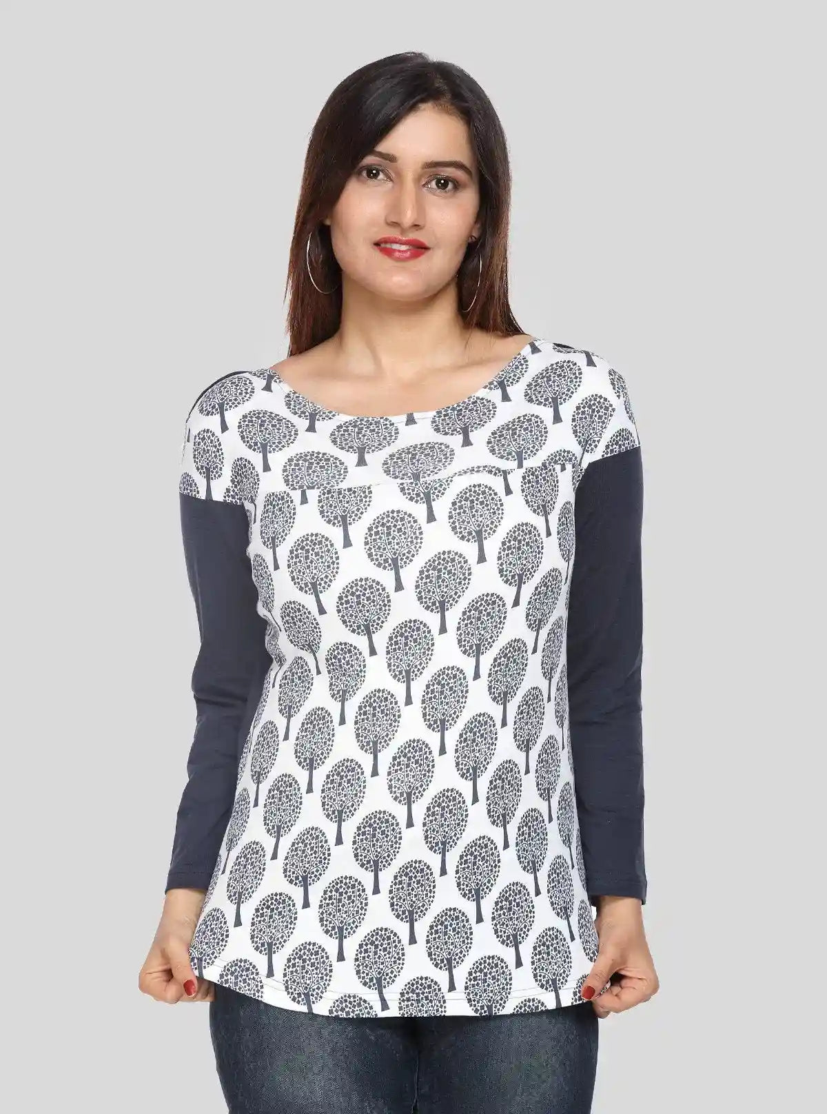 Women's Navy Printed Scoop Neck Top with Contrast Sleeves – Cotton Jersey | Buy Online at  Boer and Fitch