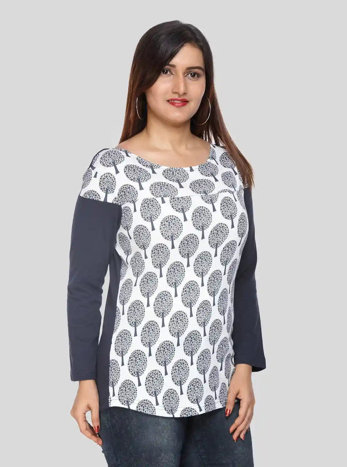 Women's Navy Printed Scoop Neck Top with Contrast Sleeves – Cotton Jersey | Buy Online at  Boer and Fitch