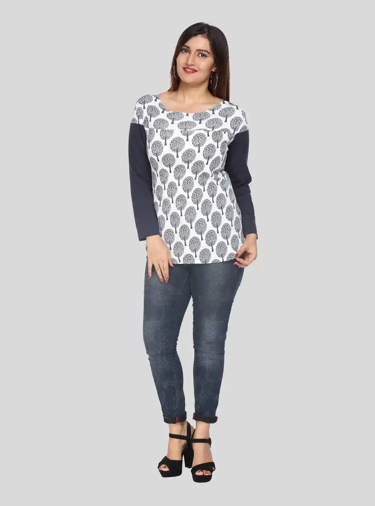 Women's Navy Printed Scoop Neck Top with Contrast Sleeves – Cotton Jersey | Buy Online at  Boer and Fitch