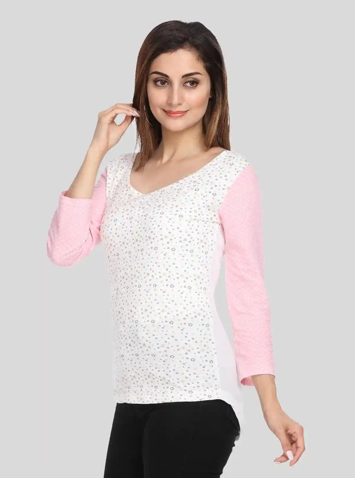Women's Pink Star Print Scoop Neck Top with Contrast Sleeves – Cotton Jersey | Buy Online at  Boer and Fitch