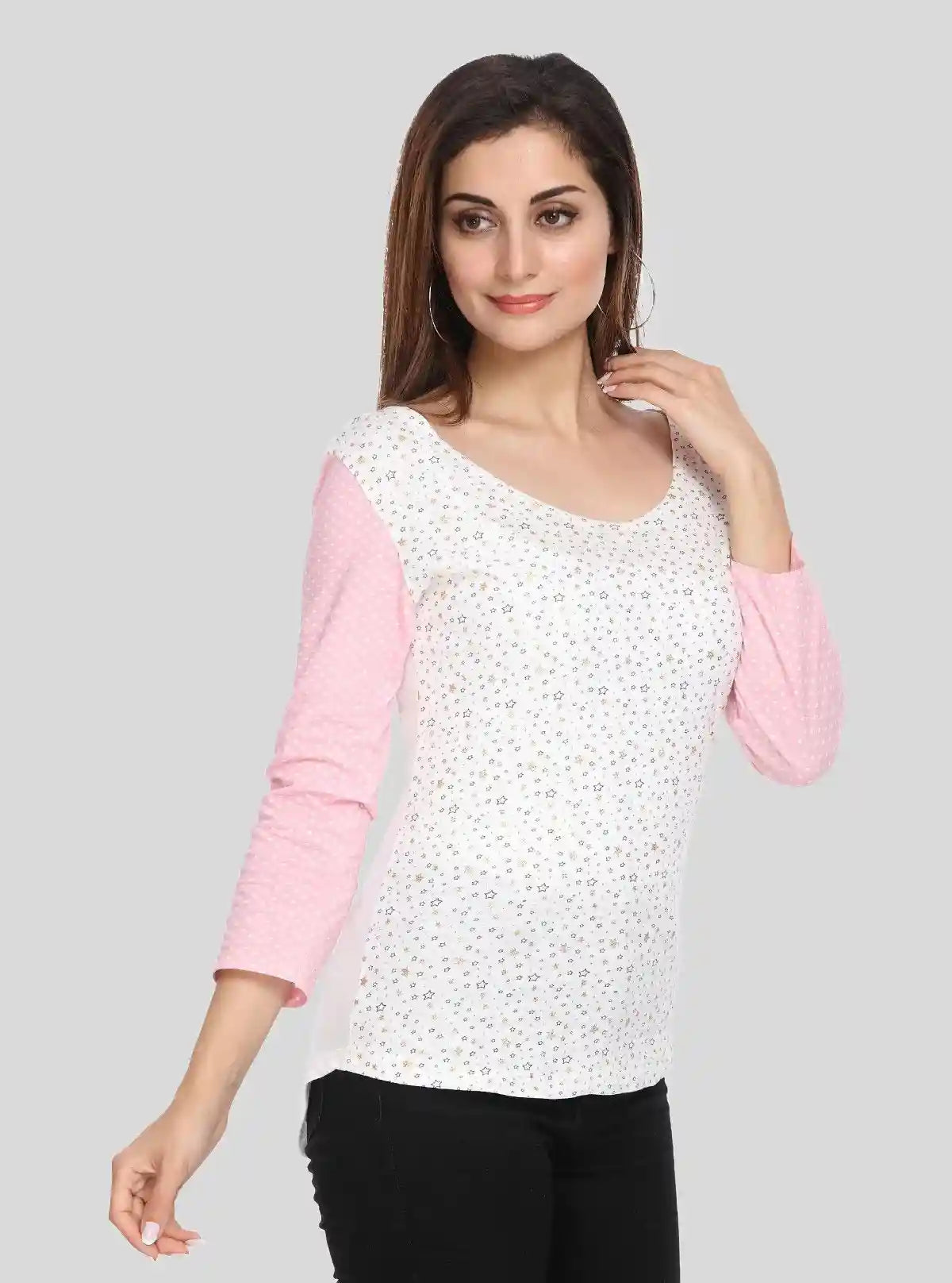 Women's Pink Star Print Scoop Neck Top with Contrast Sleeves – Cotton Jersey | Buy Online at  Boer and Fitch
