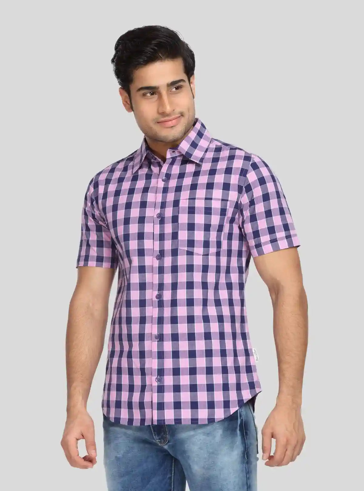 Men's Purple Broad Checked Half Sleeve Shirt – Vibrant, Breezy & Casual | Buy Online at  Boer and Fitch