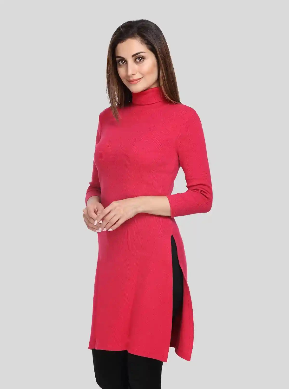 Women's Red High Neck Long Sleeve Ribbed Dress in Cotton Elastane | Buy Online at  Boer and Fitch