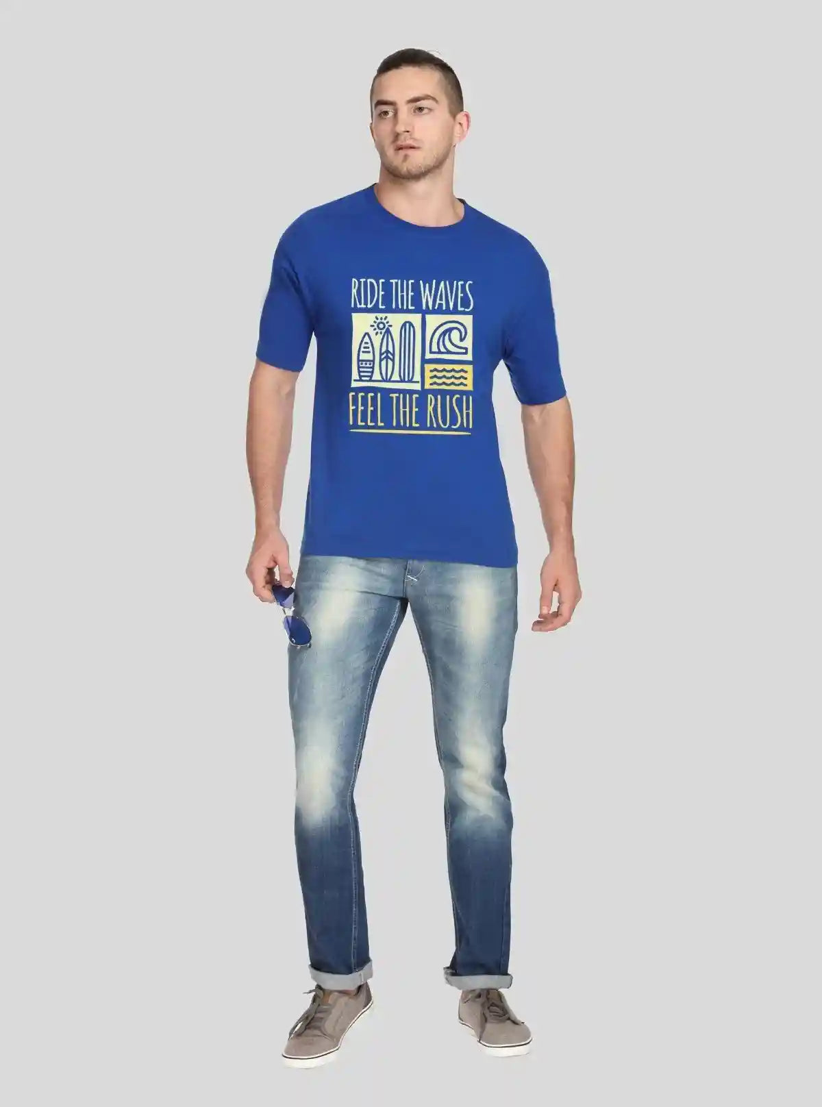 Men’s Blue “Ride Waves” Printed T‑Shirt – Bold Graphic Statement Tee | Buy Online at  Boer and Fitch